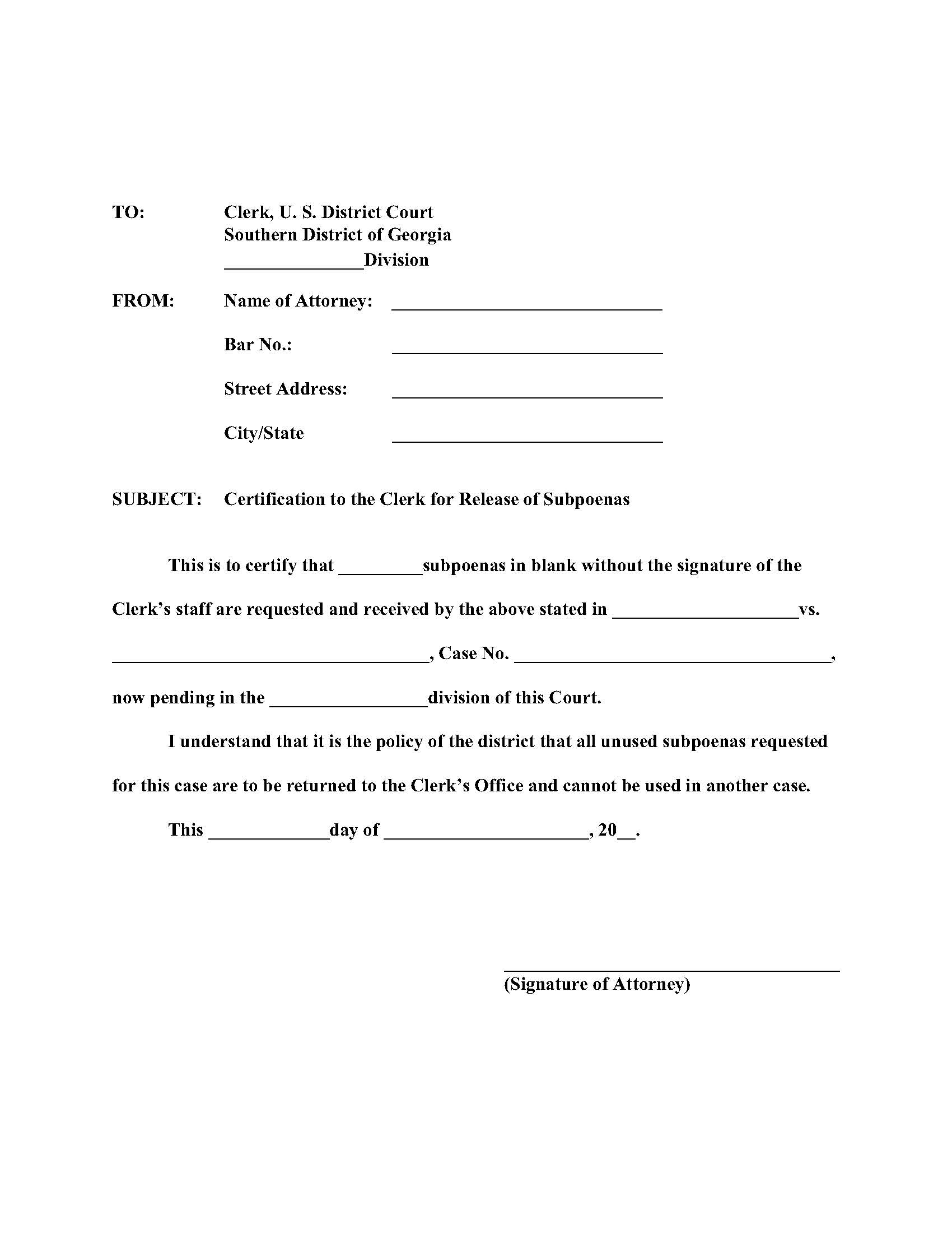 Certification For Release Of Subpoenas | Pdf Fpdf Doc Docx | Georgia