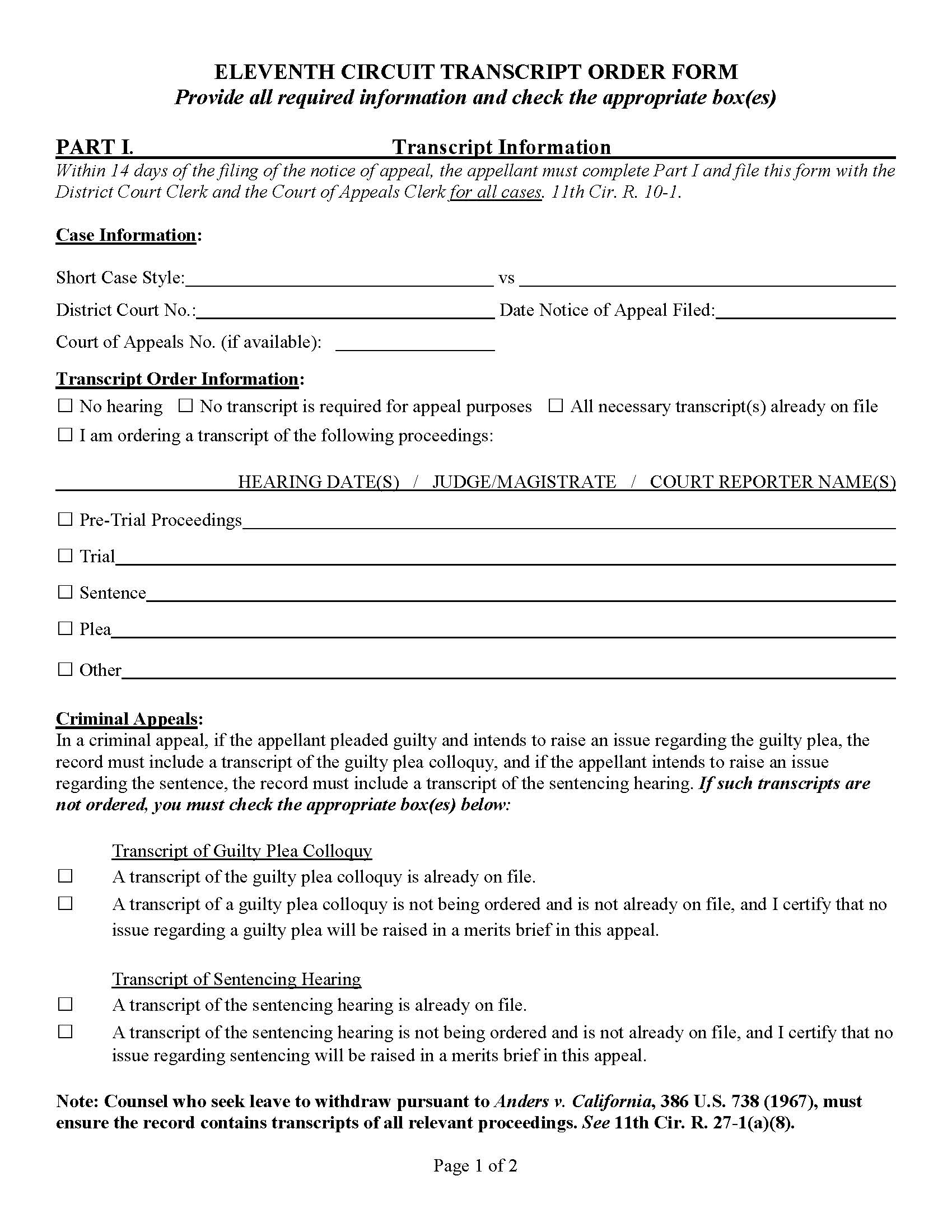 Eleventh Circuit Transcript Order Form | Pdf Fpdf Doc Docx | Georgia