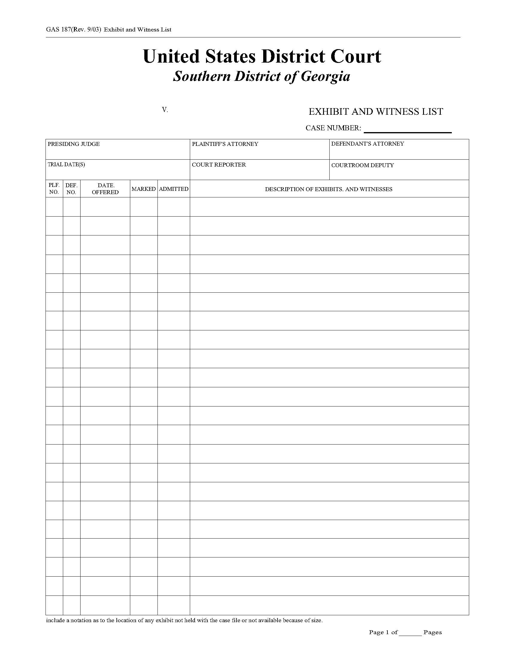 Exhibit And Witness List {GAS 187} | Pdf Fpdf Doc Docx | Georgia