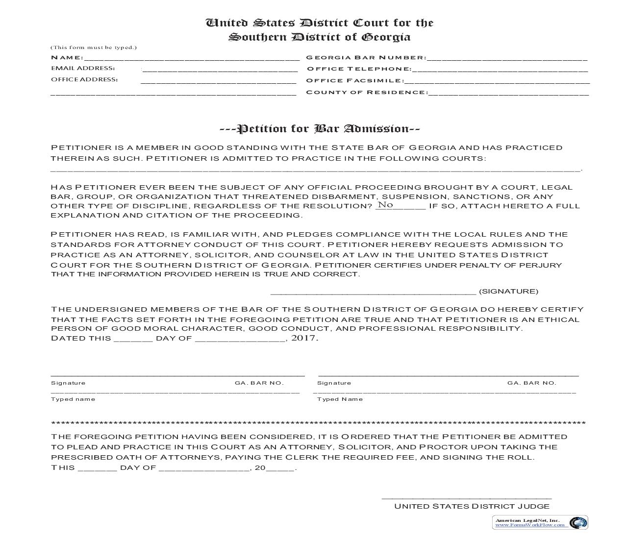 Petition For Bar Admission | Pdf Fpdf Doc Docx | Georgia