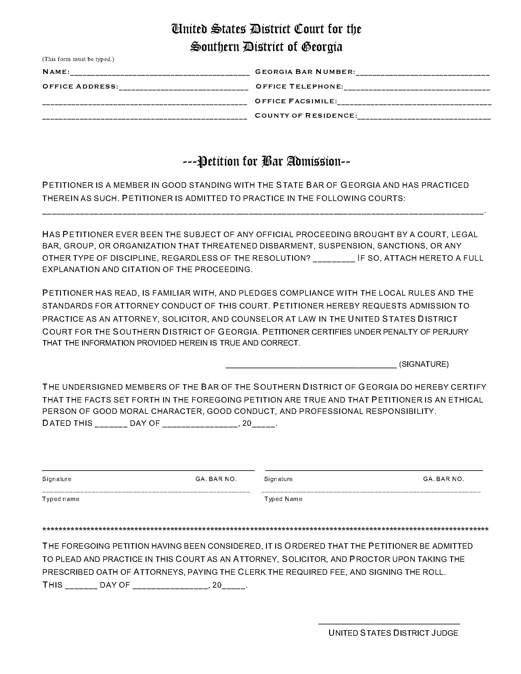 Petition For Bar Admission | Pdf Fpdf Doc Docx | Georgia