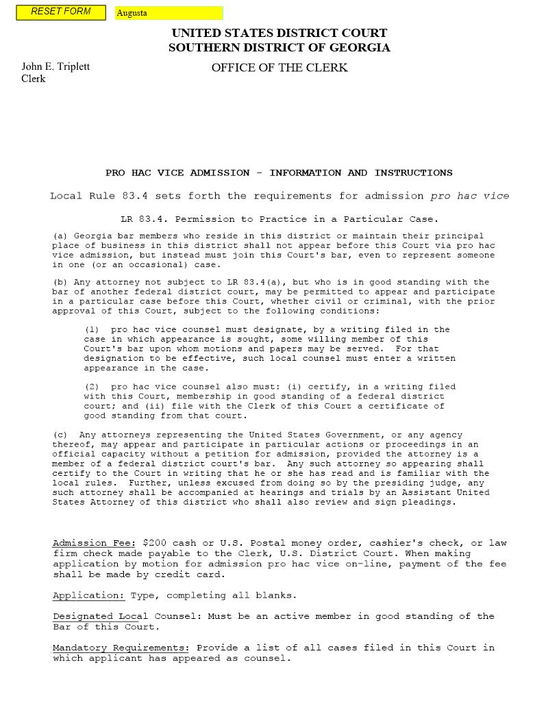 Pro Hac Vice Admission | Pdf Fpdf Doc Docx | Georgia