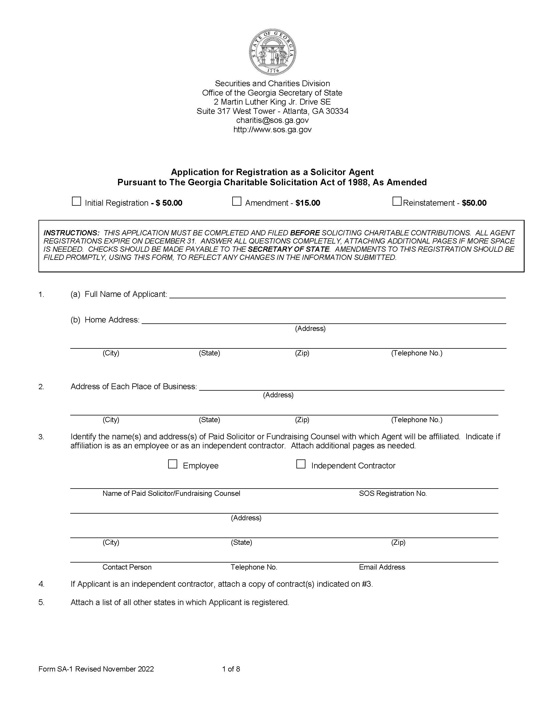 Application For Registration As Solicitor Agent {SA-1} | Pdf Fpdf Doc Docx | Georgia