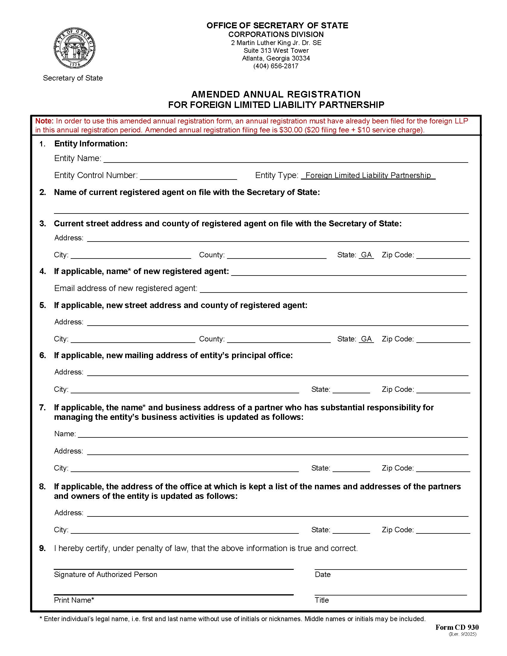 Amended Annual Registration For Foreign Limited Liability Partnership {CD 930} | Pdf Fpdf Docx | Georgia