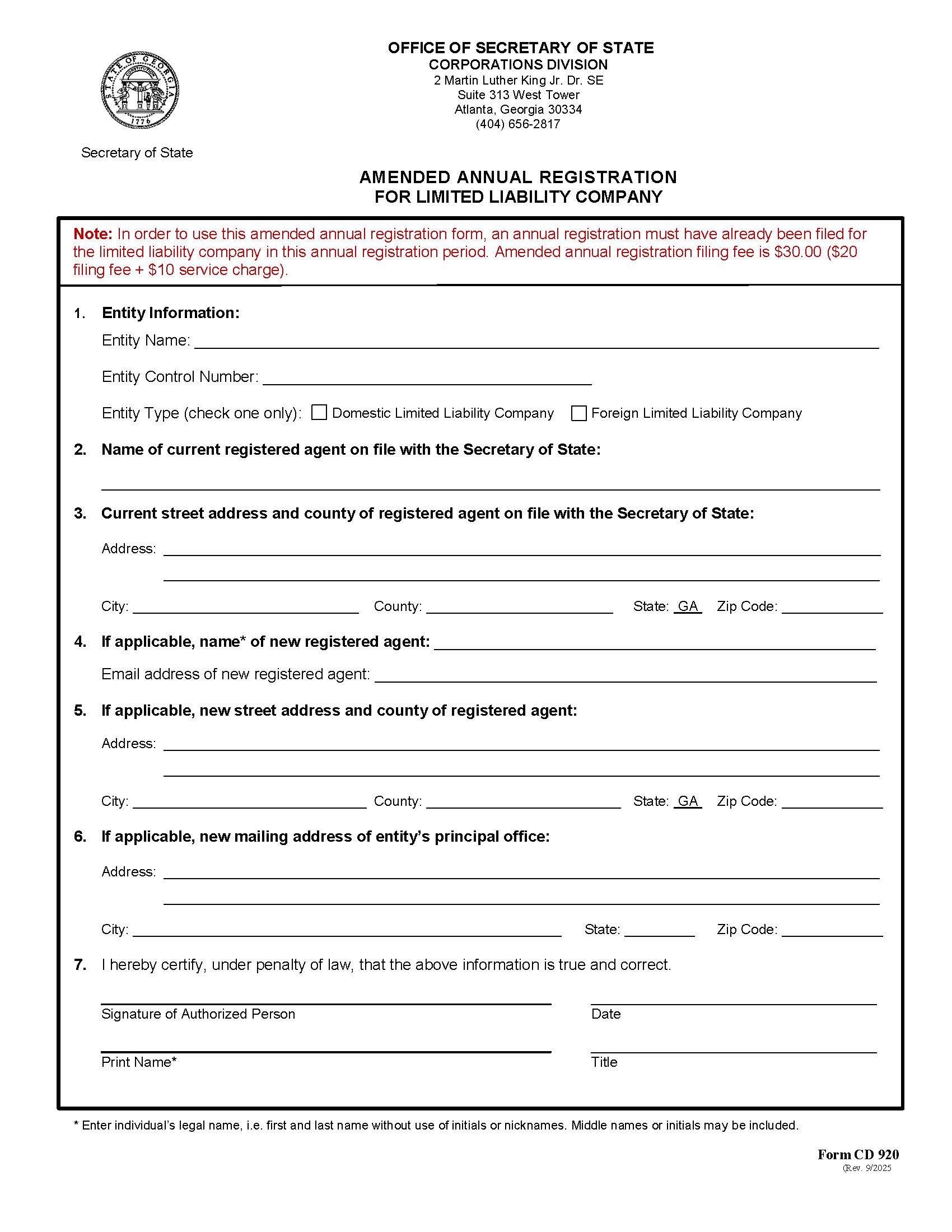 Amended Annual Registration For Limited Liability Company {CD 920} | Pdf Fpdf Docx | Georgia
