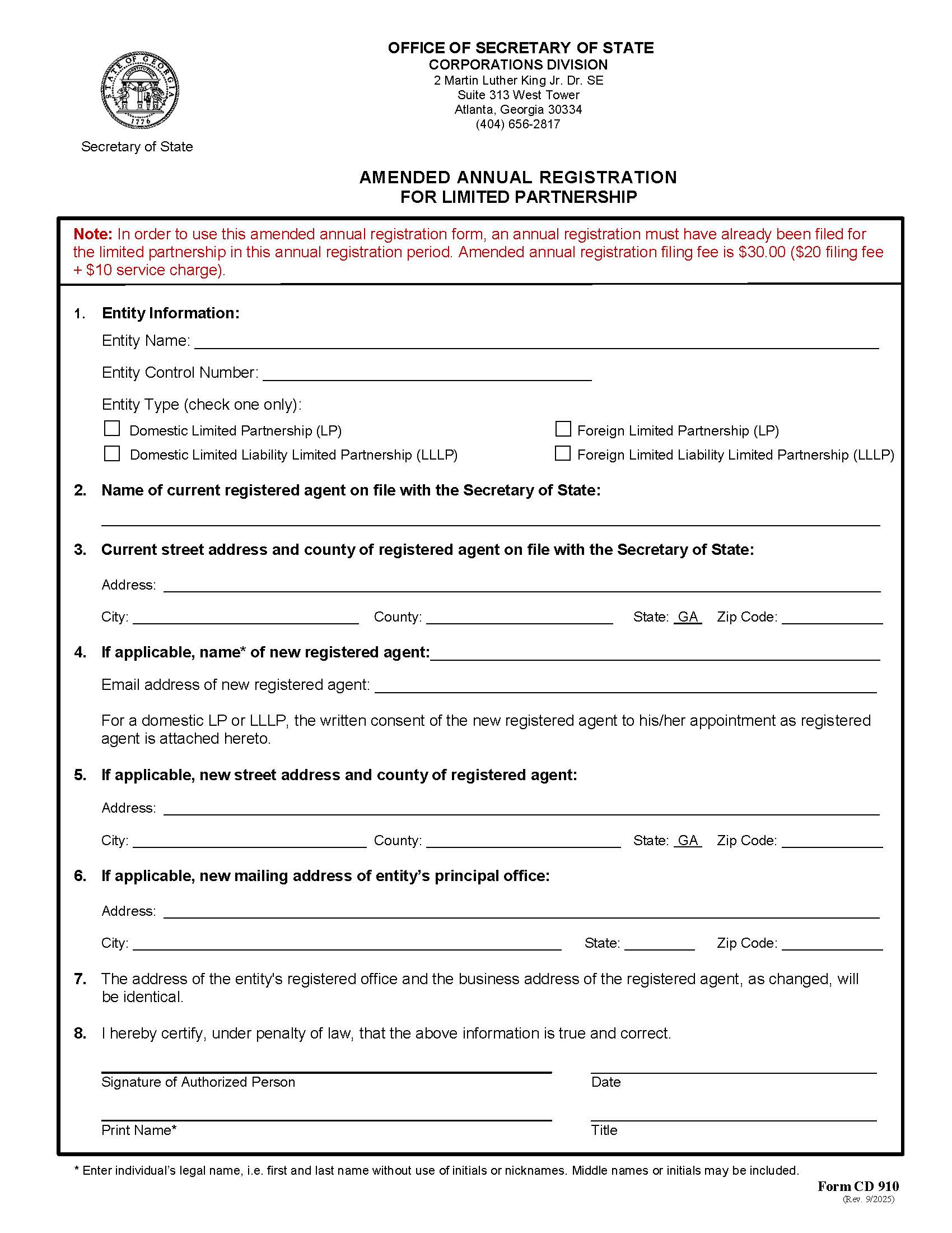 Amended Annual Registration For Limited Partnership {CD 910} | Pdf Fpdf Docx | Georgia