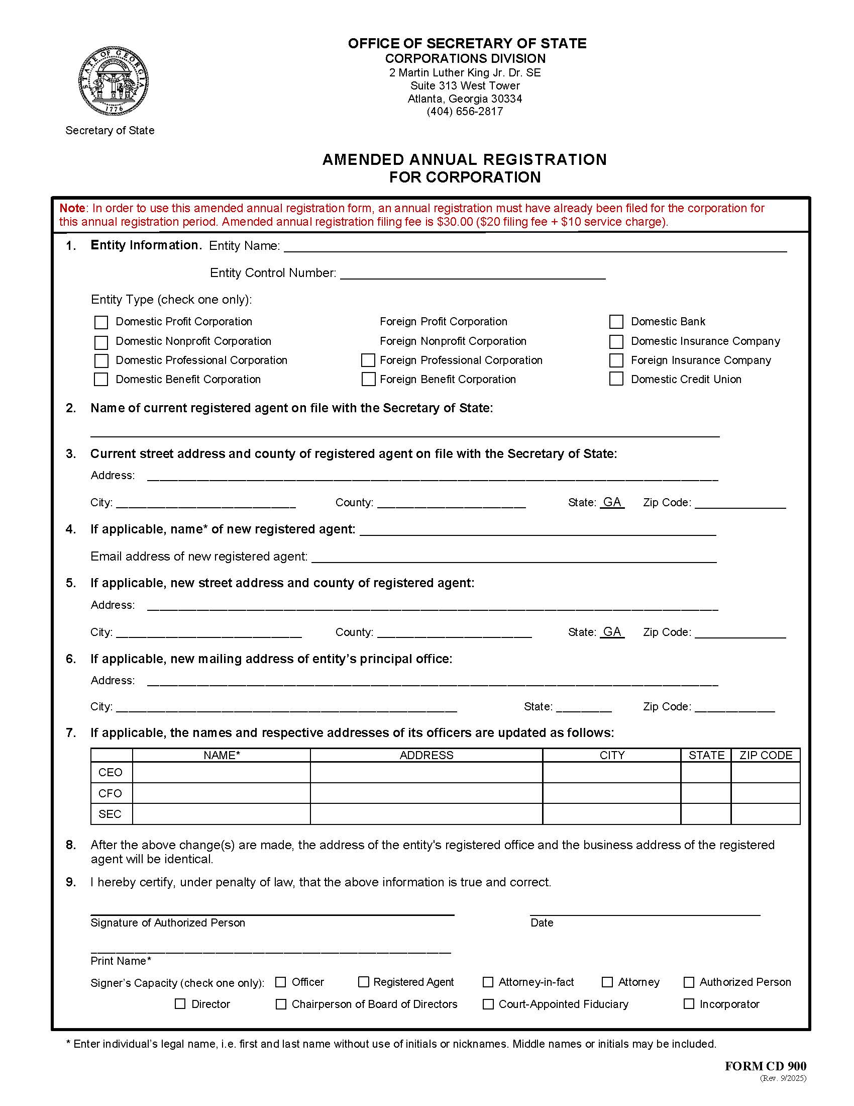 Amended Annual Registrtion For Corporation {CD 900} | Pdf Fpdf Docx | Georgia
