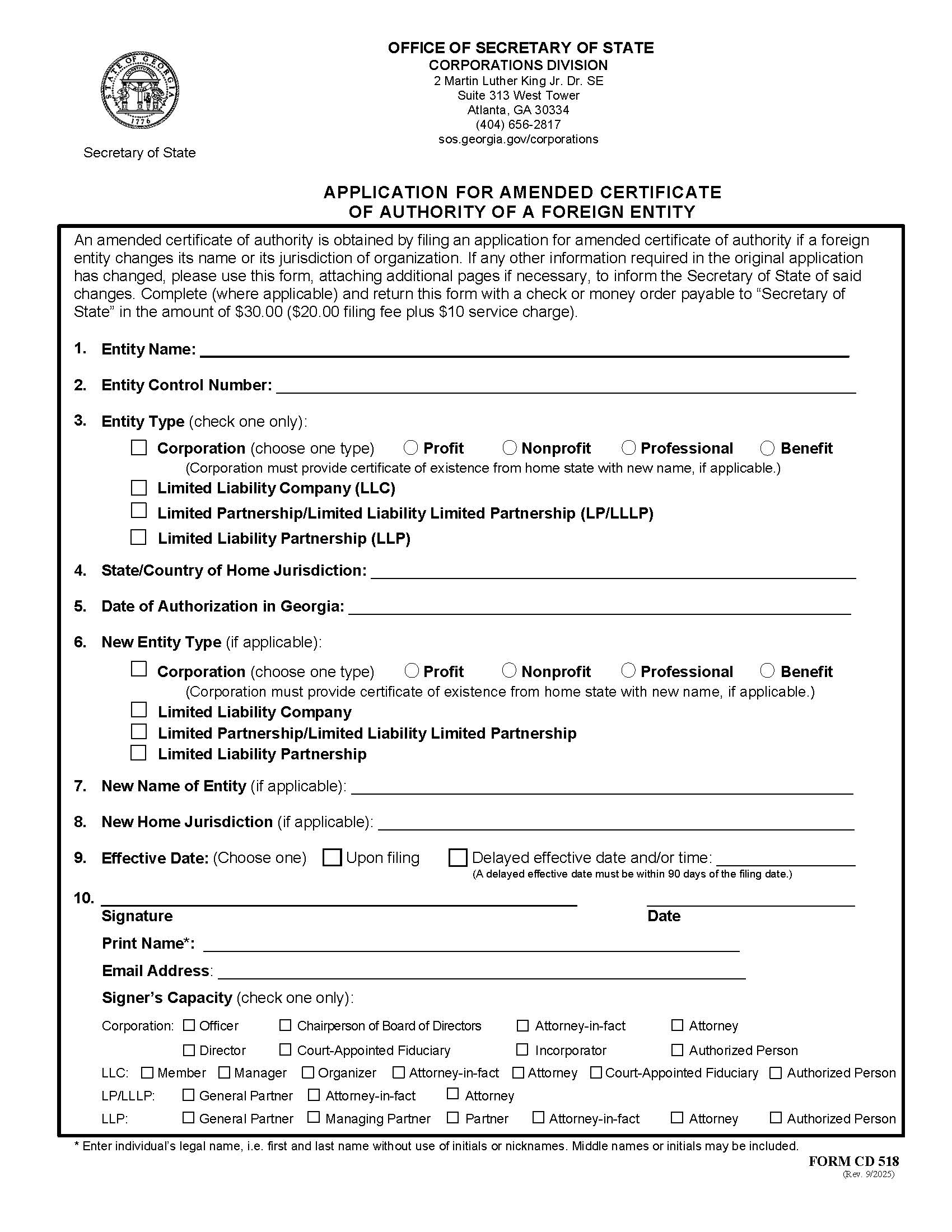 Application For Amended Certificate Of Authority Of A Foreign Entity {CD 518} | Pdf Fpdf Docx | Georgia