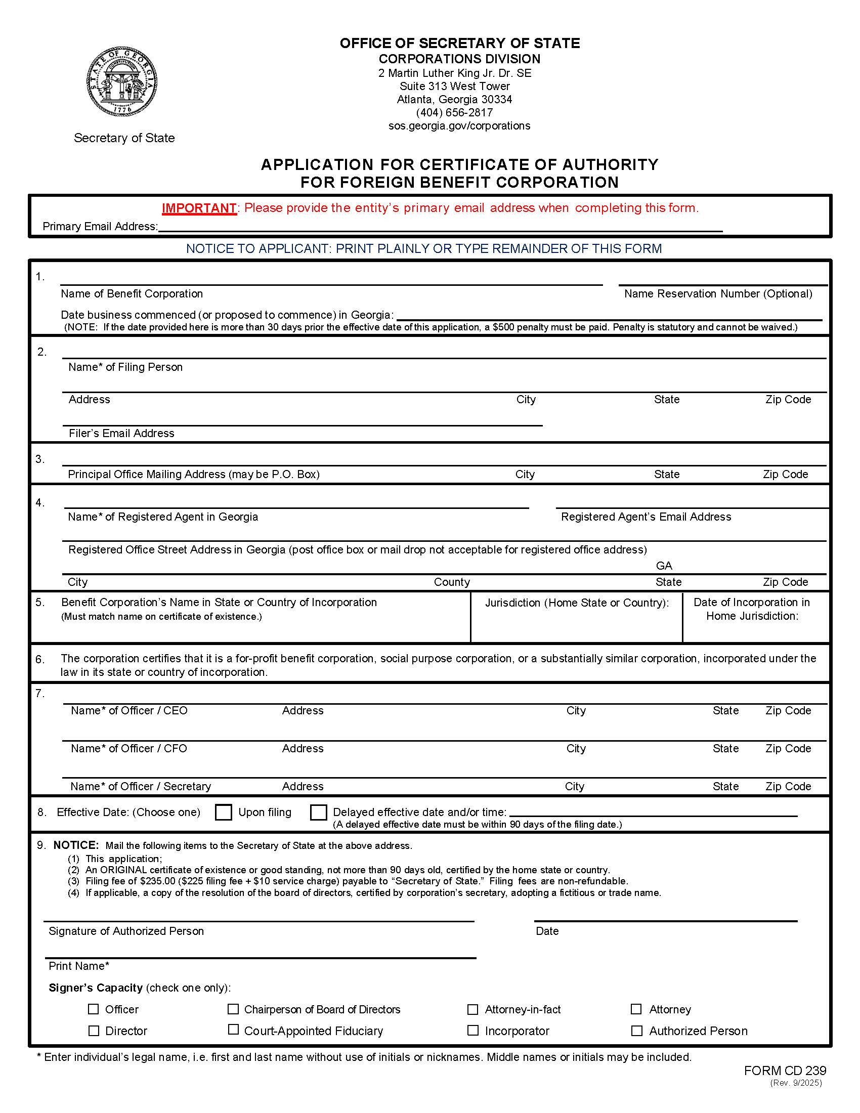 Application For Certificate Of Authority For Foreign Benefit Corporation {CD 239} | Pdf Fpdf Docx | Georgia
