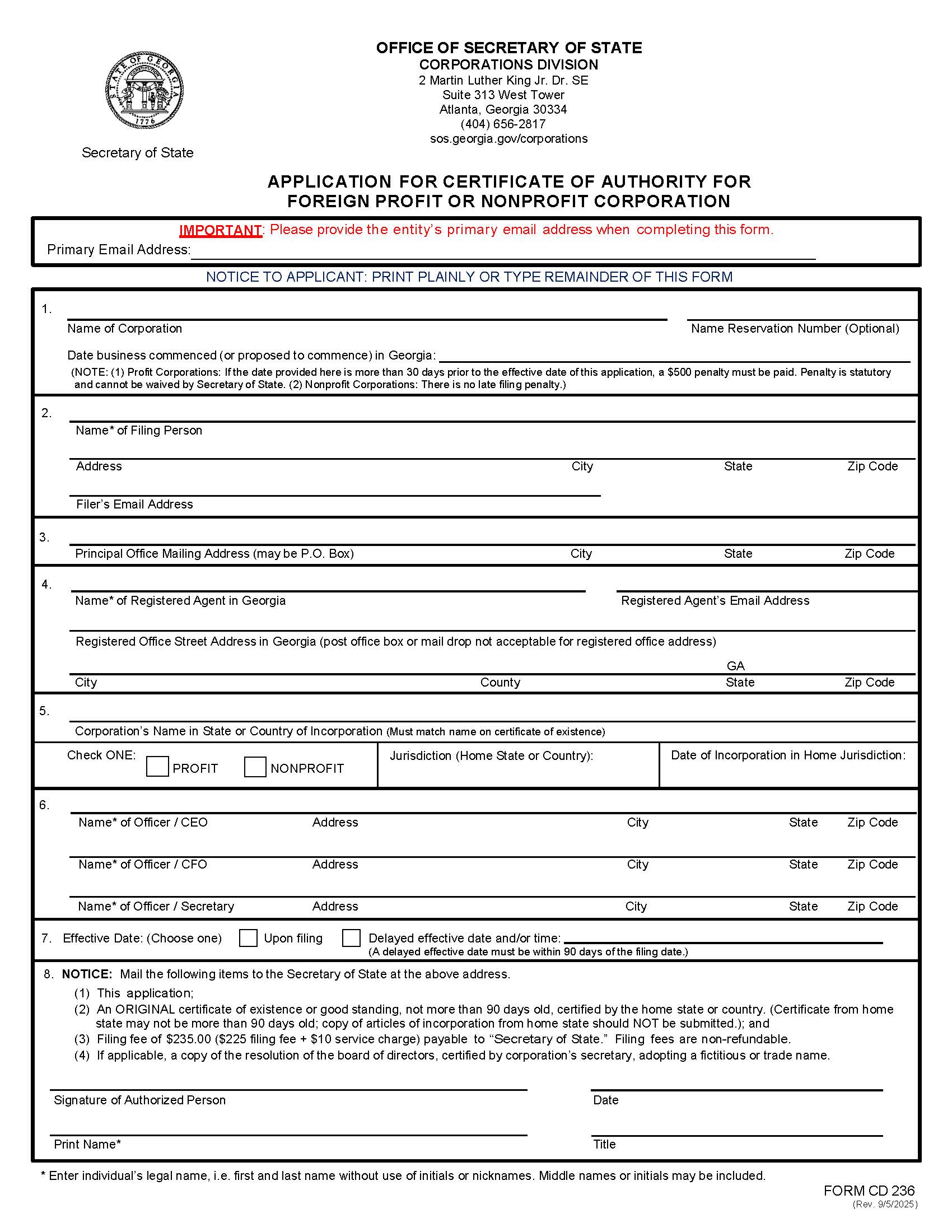 Application For Certificate Of Authority For Foreign Corporation {CD 236} | Pdf Fpdf Docx | Georgia
