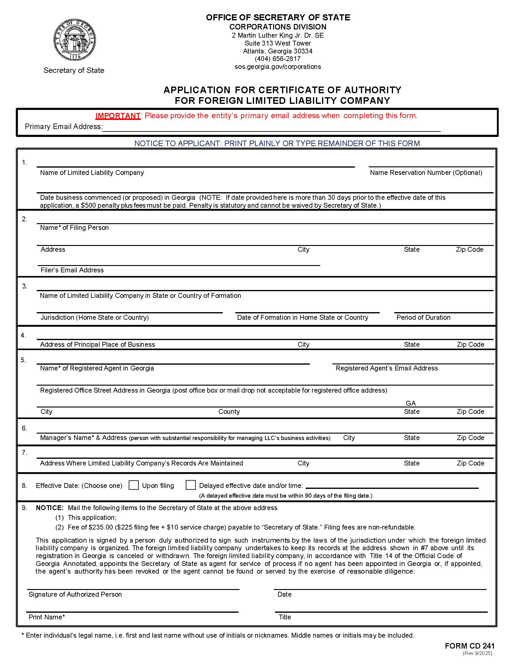 Application For Certificate Of Authority For Foreign Limited Liability Company {CD 241} | Pdf Fpdf Docx | Georgia
