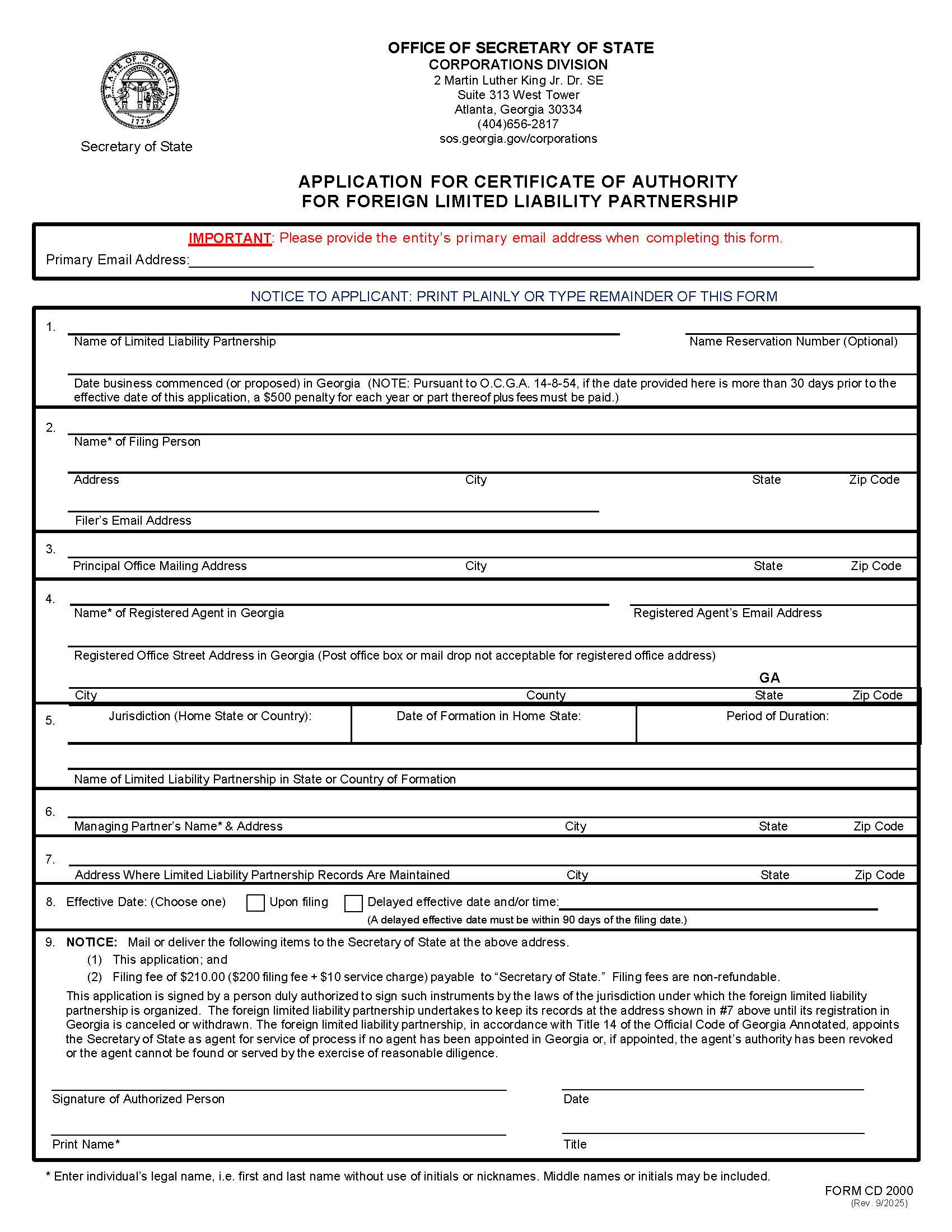 Application For Certificate Of Authority For Foreign Limited Liability Partnership {CD 2000} | Pdf Fpdf Docx | Georgia