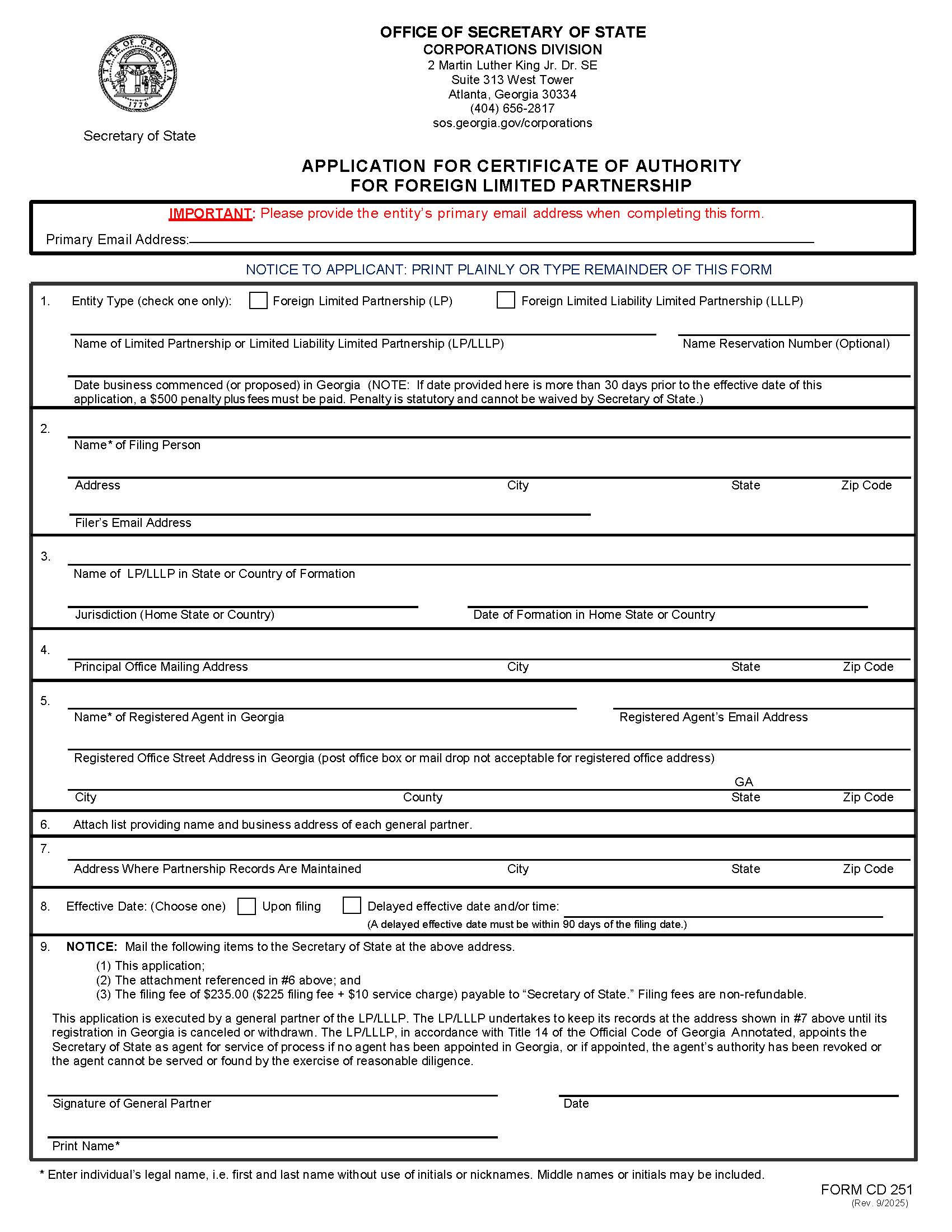 Application For Certificate Of Authority For Foreign Limited Partnership {CD 251} | Pdf Fpdf Docx | Georgia
