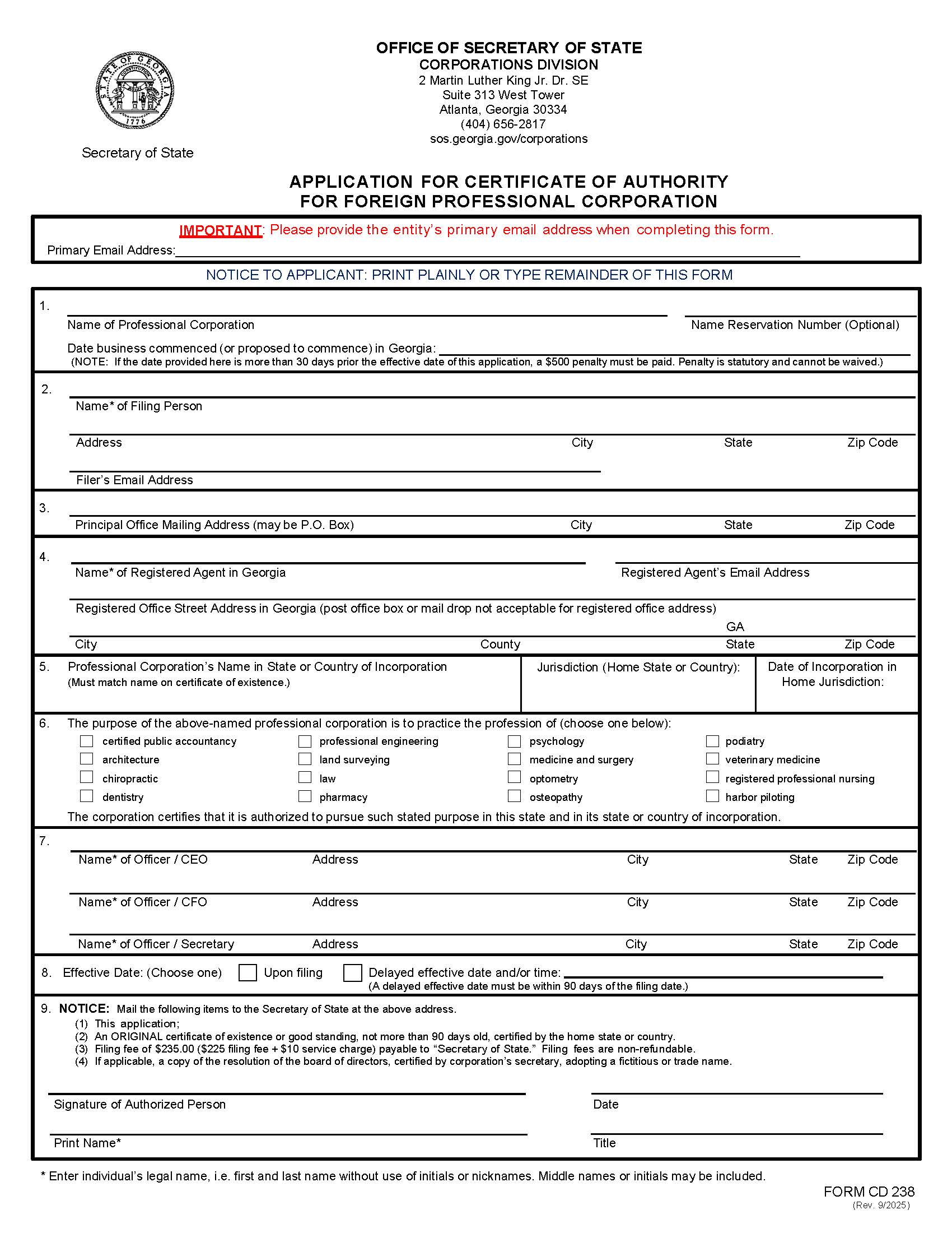 Application For Certificate Of Authority For Foreign Professional Corporation {CD 238} | Pdf Fpdf Docx | Georgia