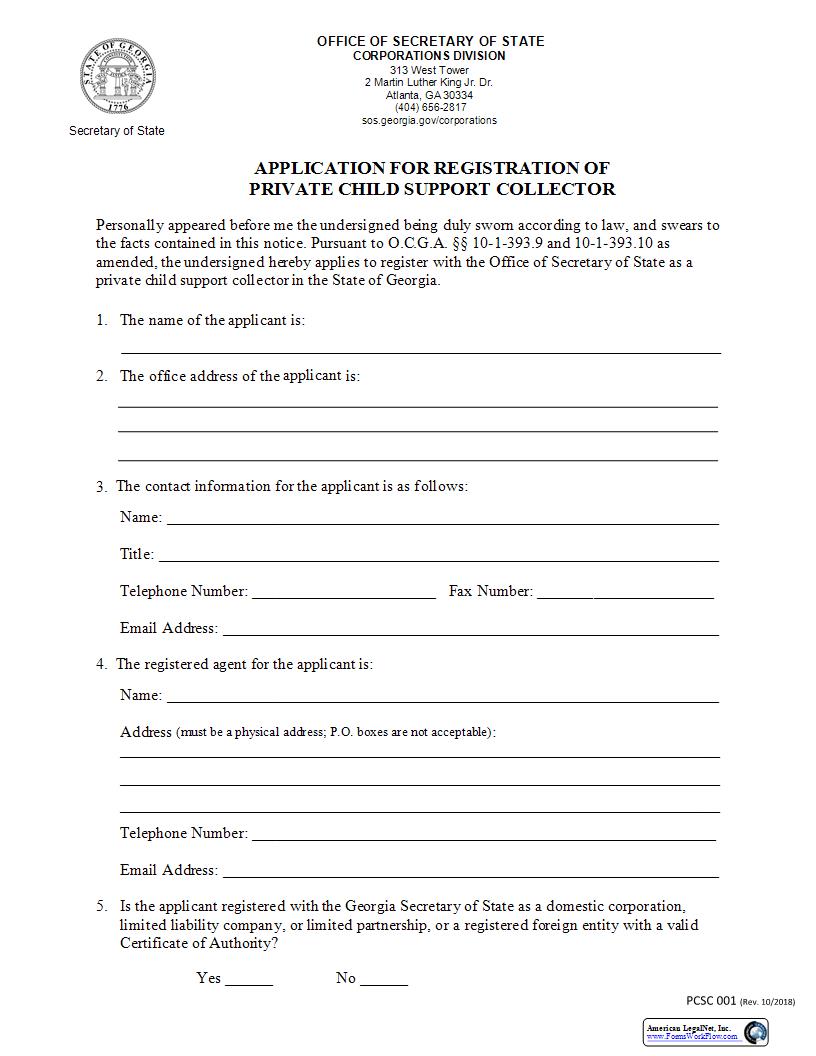 Application For Registration Of Private Child Support Collector {PCSC 001} | Pdf Fpdf Docx | Georgia