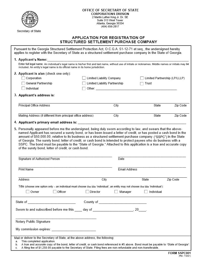 Application For Registration Of Structured Settlement Purchase Company {SSPC001} | Pdf Fpdf Docx | Georgia