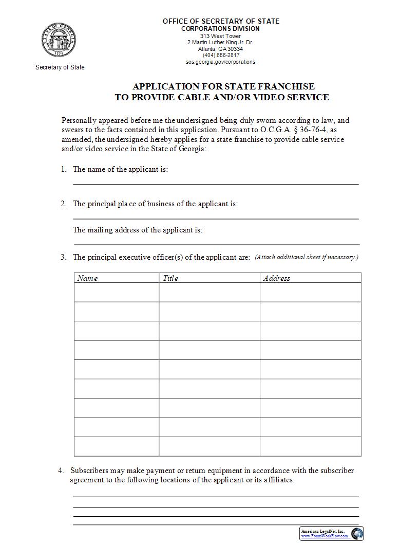 Application For State Franchise To Provide Cable And Or Video Service {GAVFL001} | Pdf Fpdf Docx | Georgia