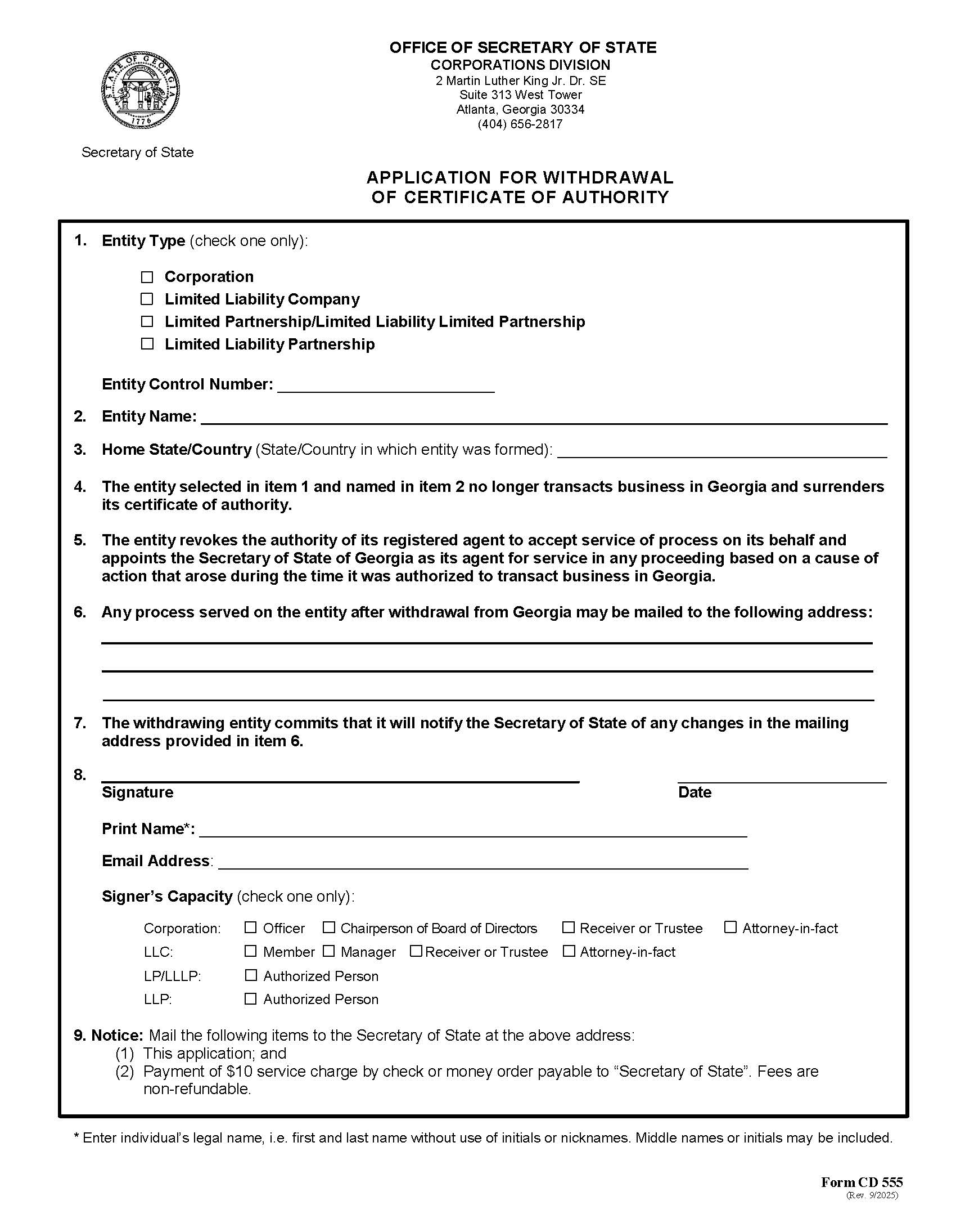 Application For Withdrawal Of Certificate Of Authority {CD 555} | Pdf Fpdf Docx | Georgia