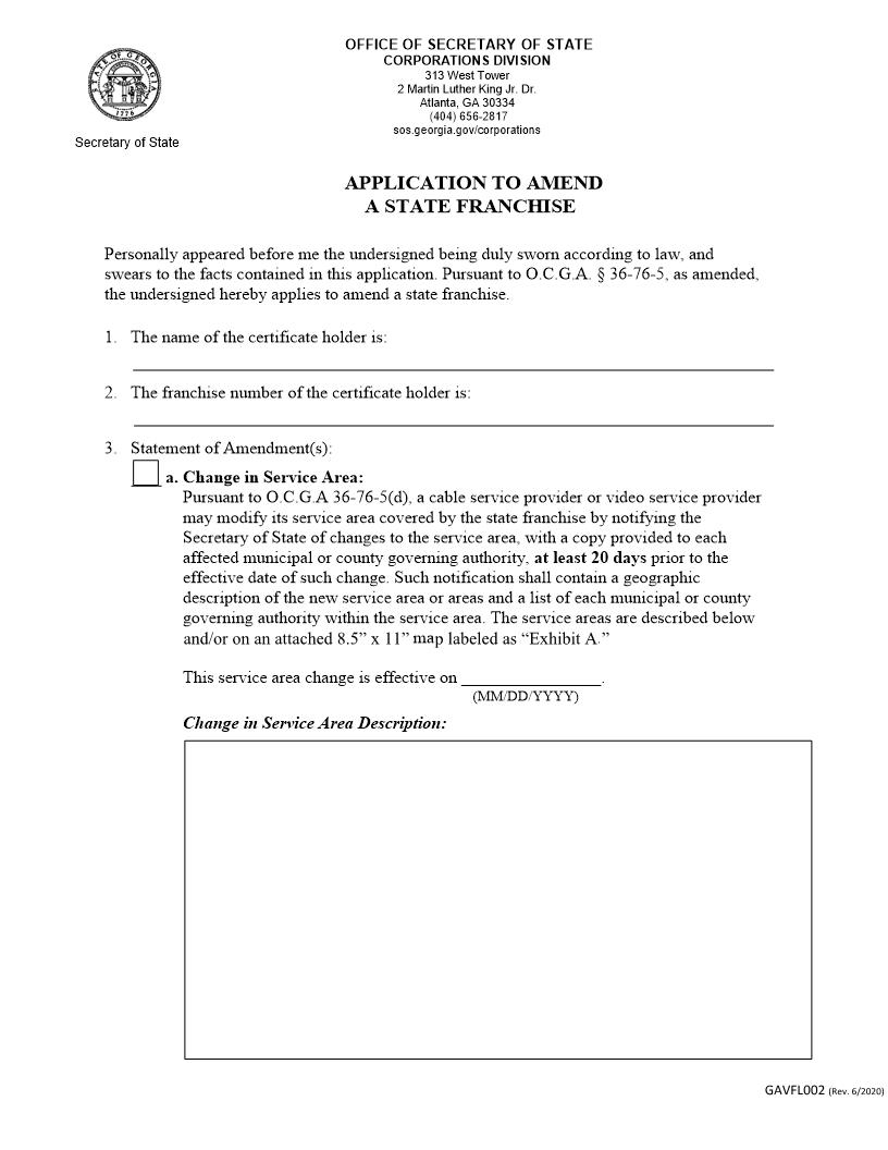 Application To Amend A State Franchise {GAVFL002} | Pdf Fpdf Docx | Georgia