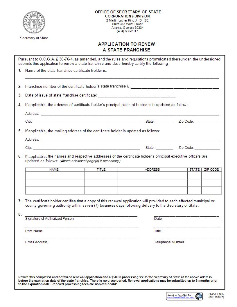 Application To Renew A State Franchise {GAVFL005} | Pdf Fpdf Docx | Georgia