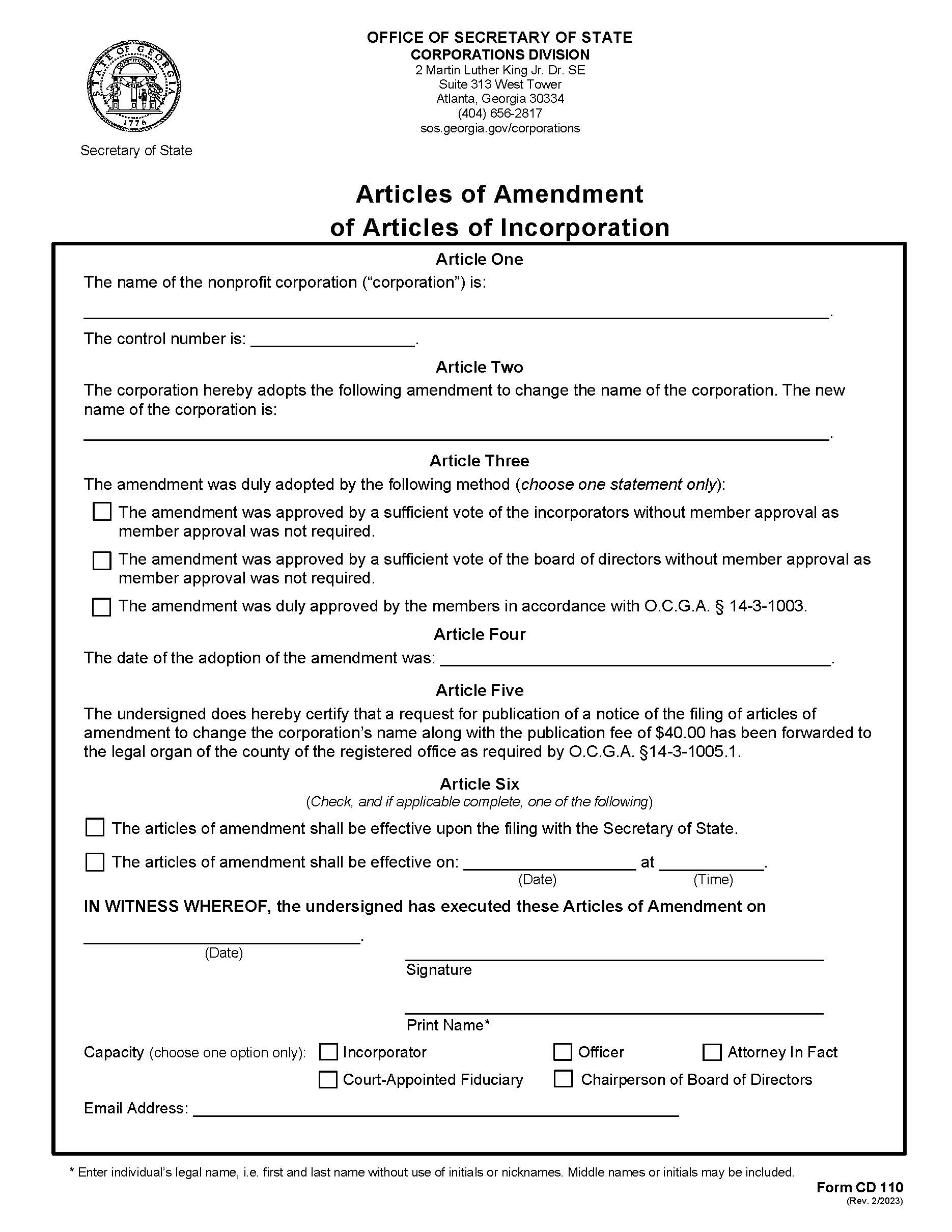 Articles Of Amendment Of Articles Of Incorporation {CD 110} | Pdf Fpdf Docx | Georgia