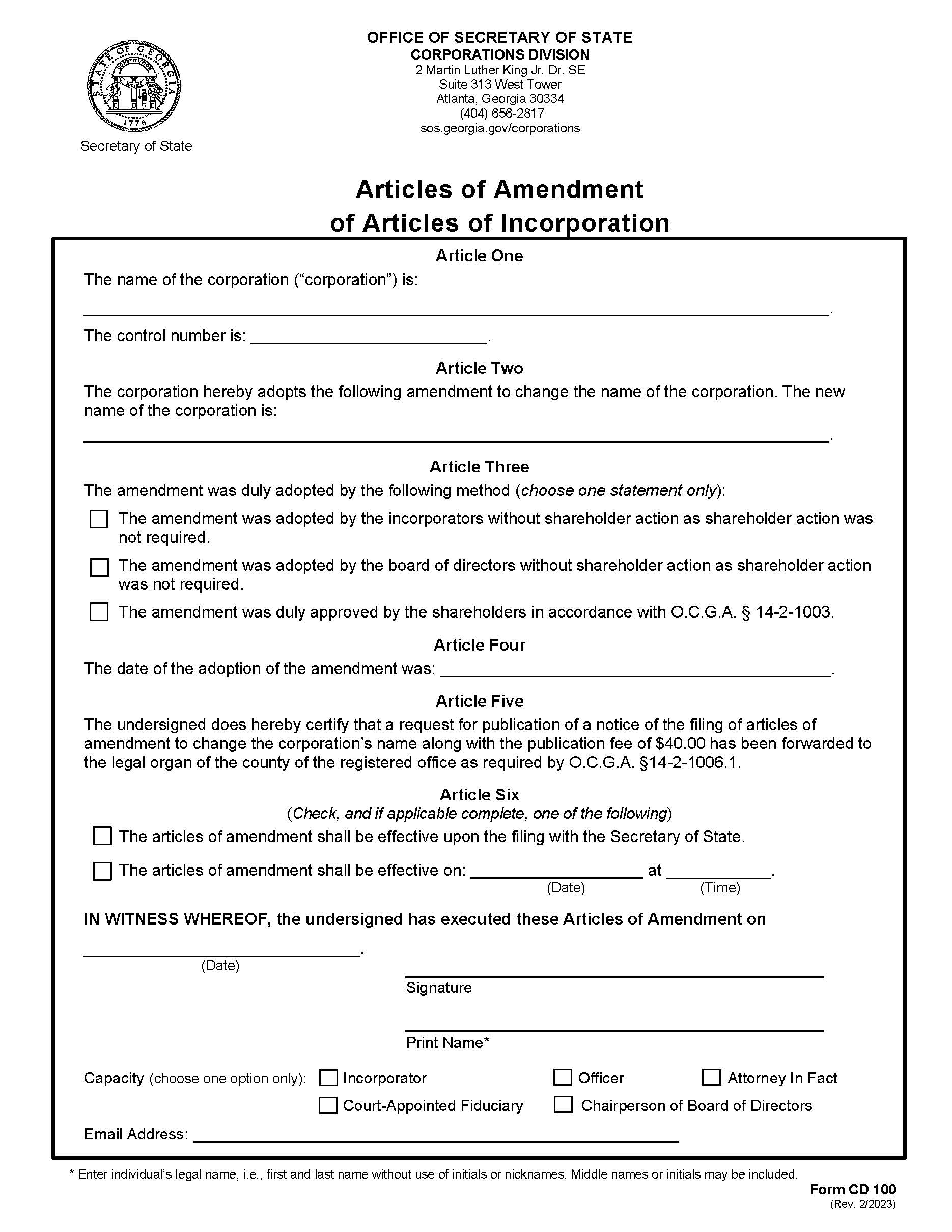 Articles Of Amendment Of Articles Of Incorporation (Profit) {CD 100} | Pdf Fpdf Docx | Georgia