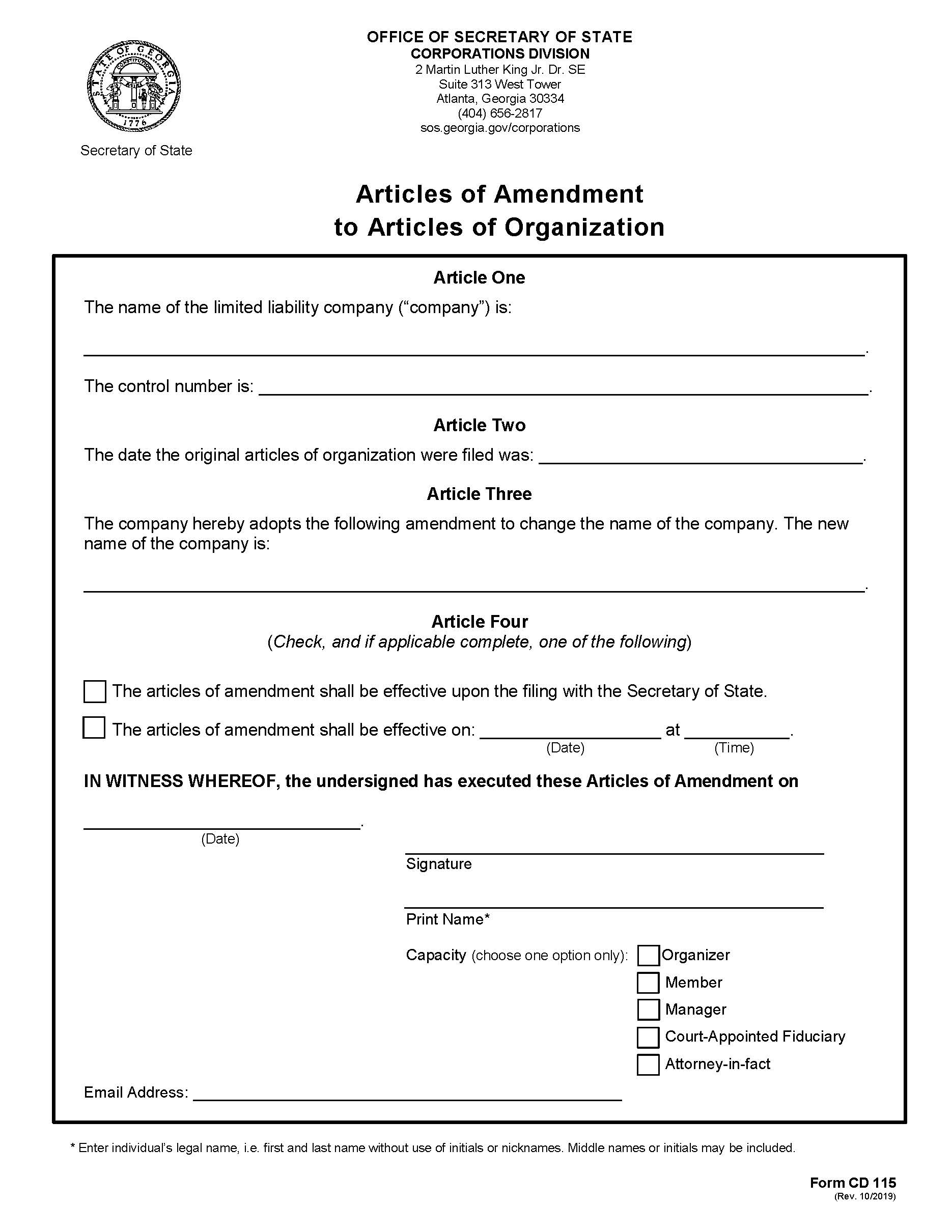 Articles Of Amendment To Articles Of Organization {CD 115} | Pdf Fpdf Docx | Georgia