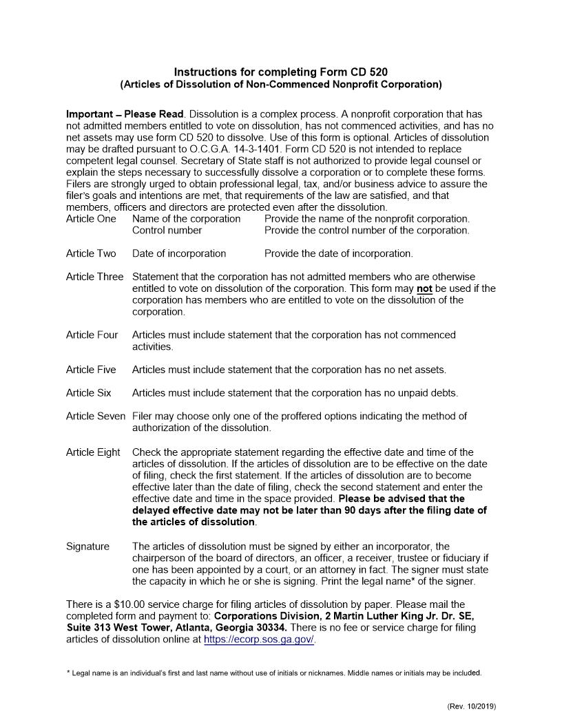Articles Of Dissolution Non Commenced Nonprofit Corporation {CD 520} | Pdf Fpdf Docx | Georgia
