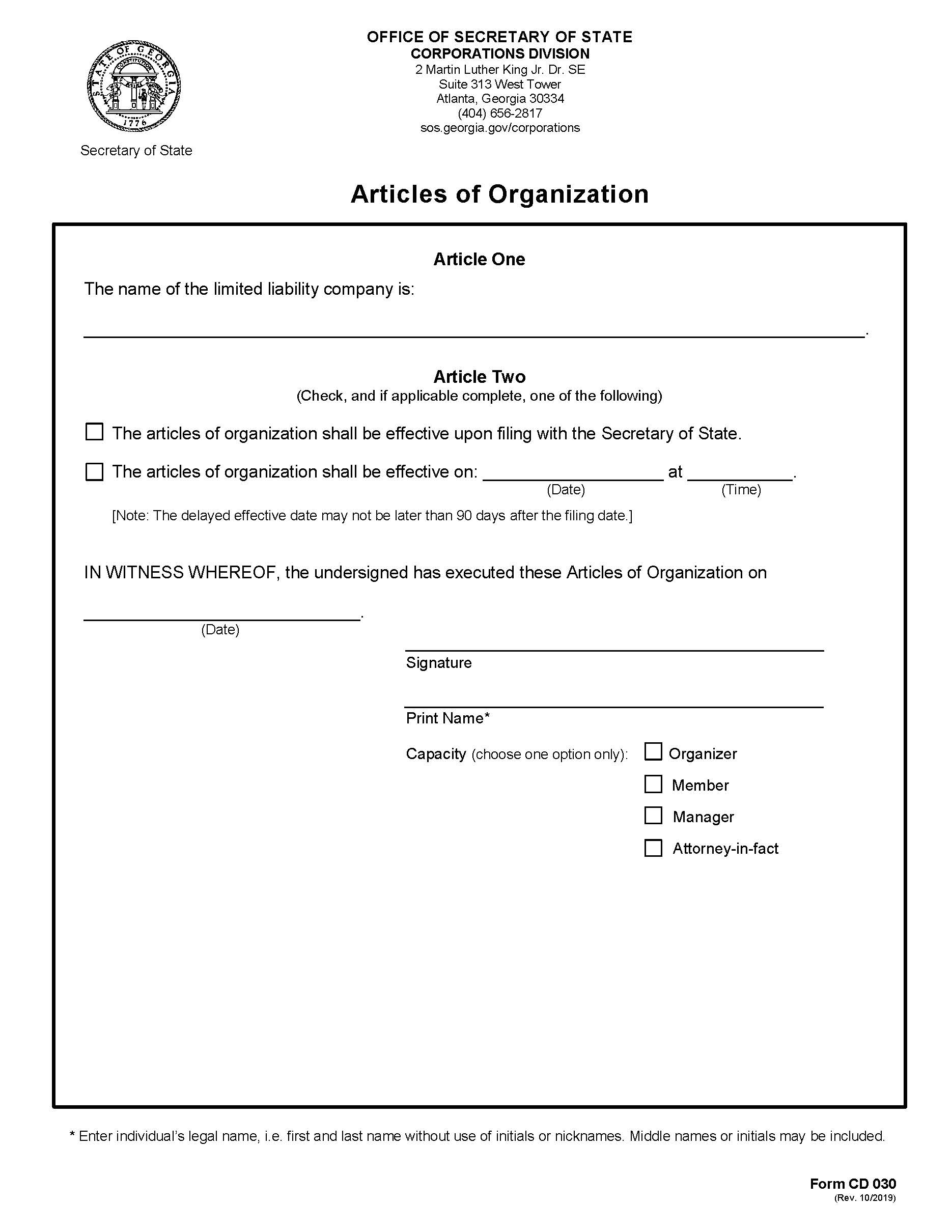 Articles Of Organization Limited Liability Company {CD 030} | Pdf Fpdf Docx | Georgia