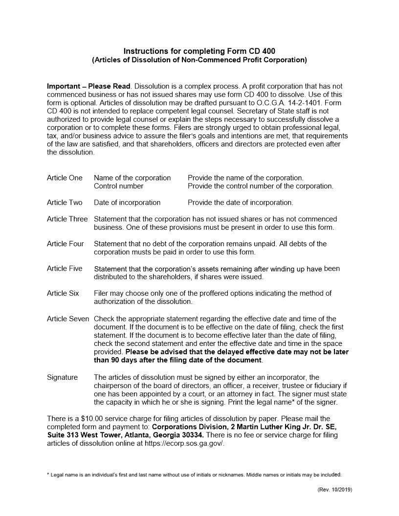 Articles of Dissolution Non Commenced Profit Corporation {CD 400} | Pdf Fpdf Docx | Georgia
