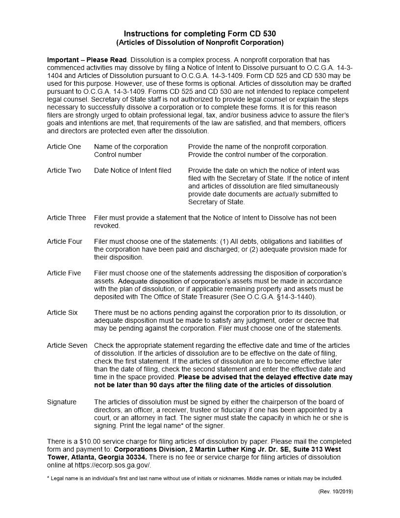 Articles of Dissolution Nonprofit Corporation {CD 530} | Pdf Fpdf Docx | Georgia