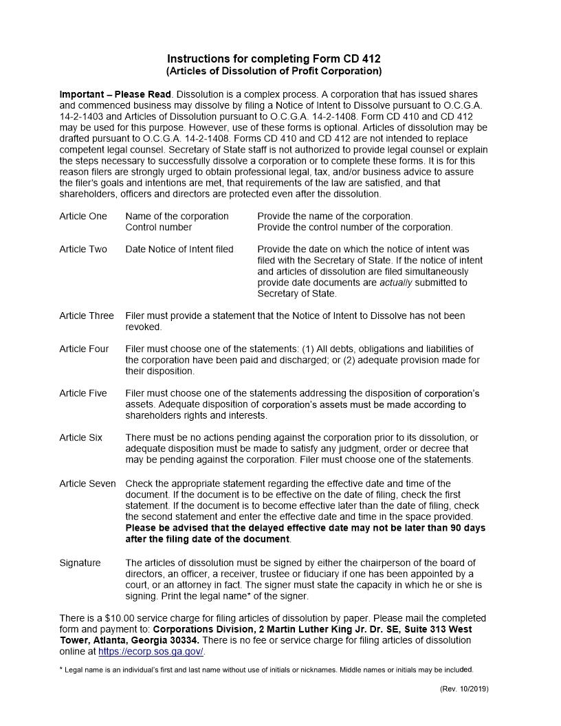 Articles of Dissolution Profit Corporation {CD 412} | Pdf Fpdf Docx | Georgia