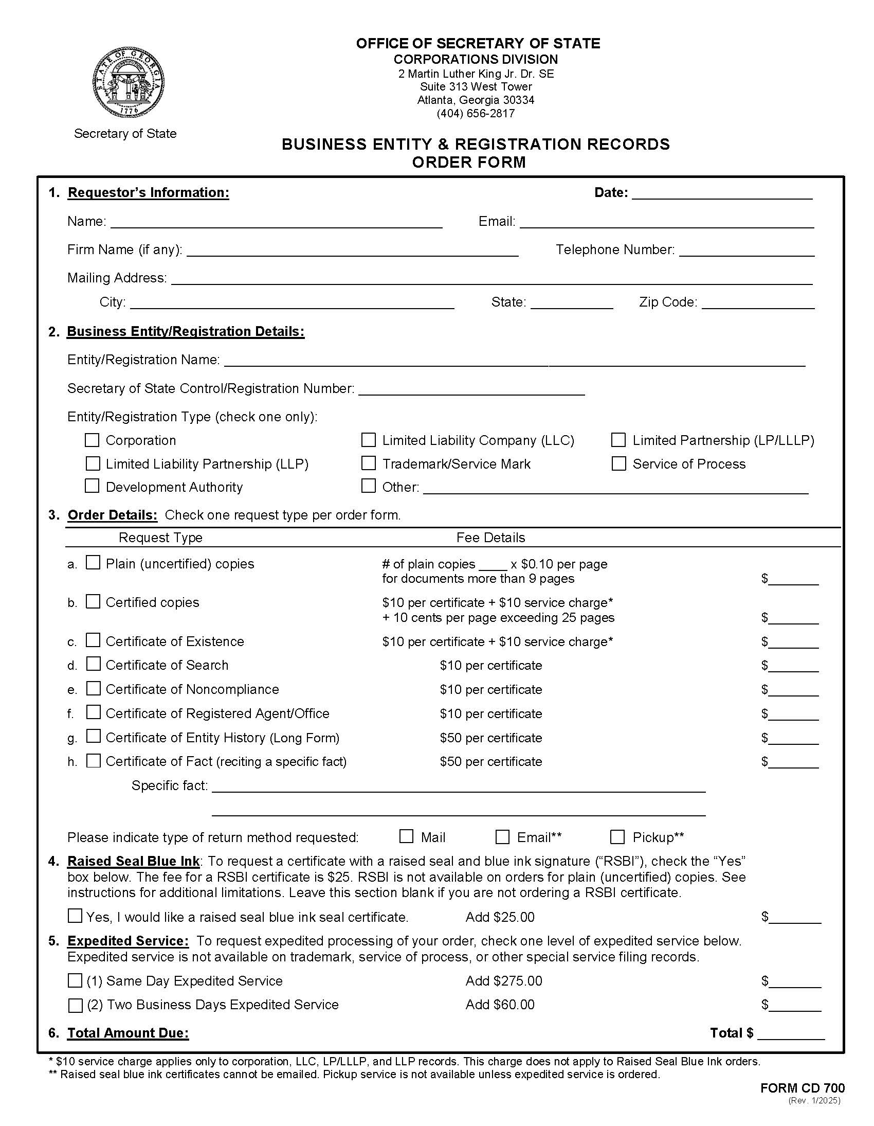 Business Entity And Registration Records Order Form {CD 700} | Pdf Fpdf Docx | Georgia