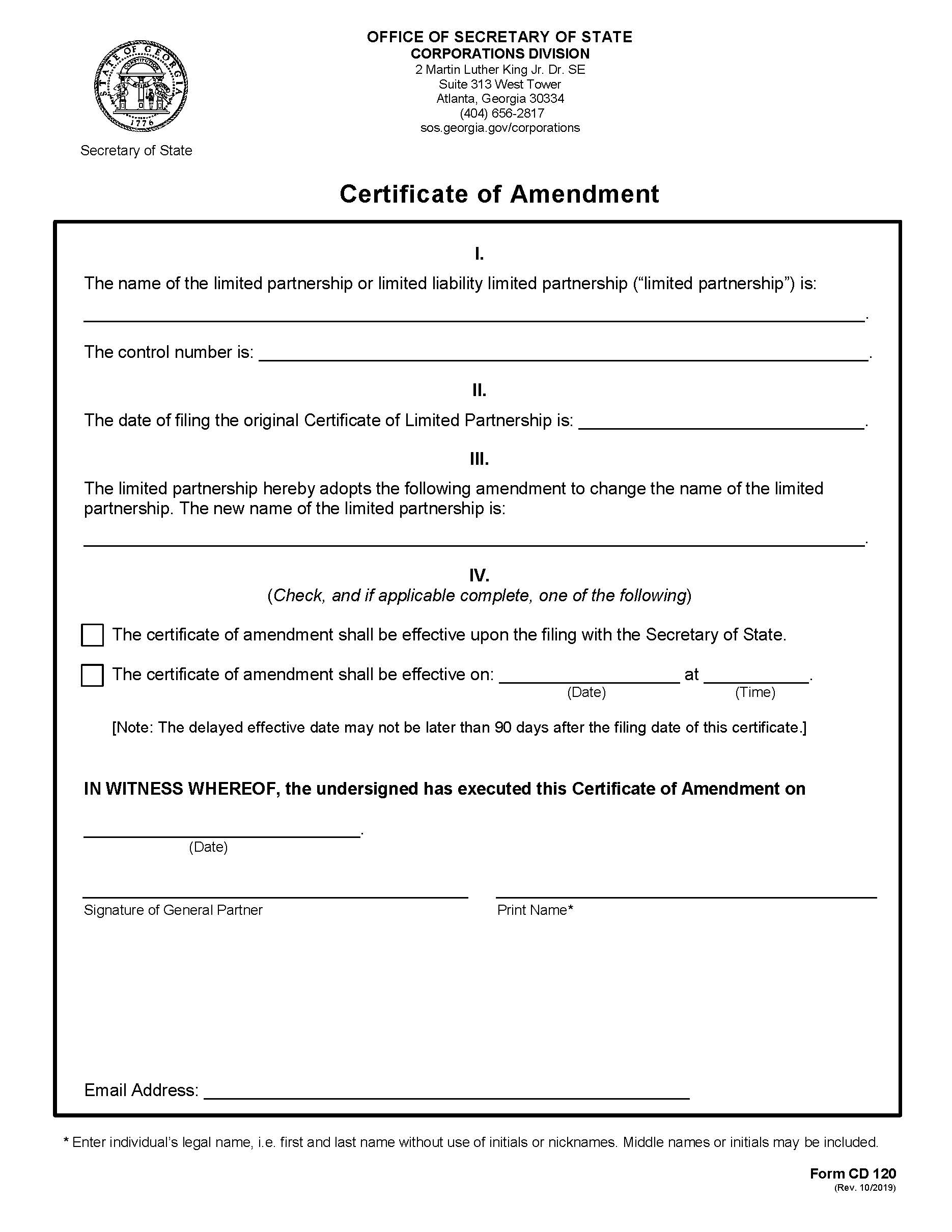 Certificate Of Amendment {CD 120} | Pdf Fpdf Docx | Georgia