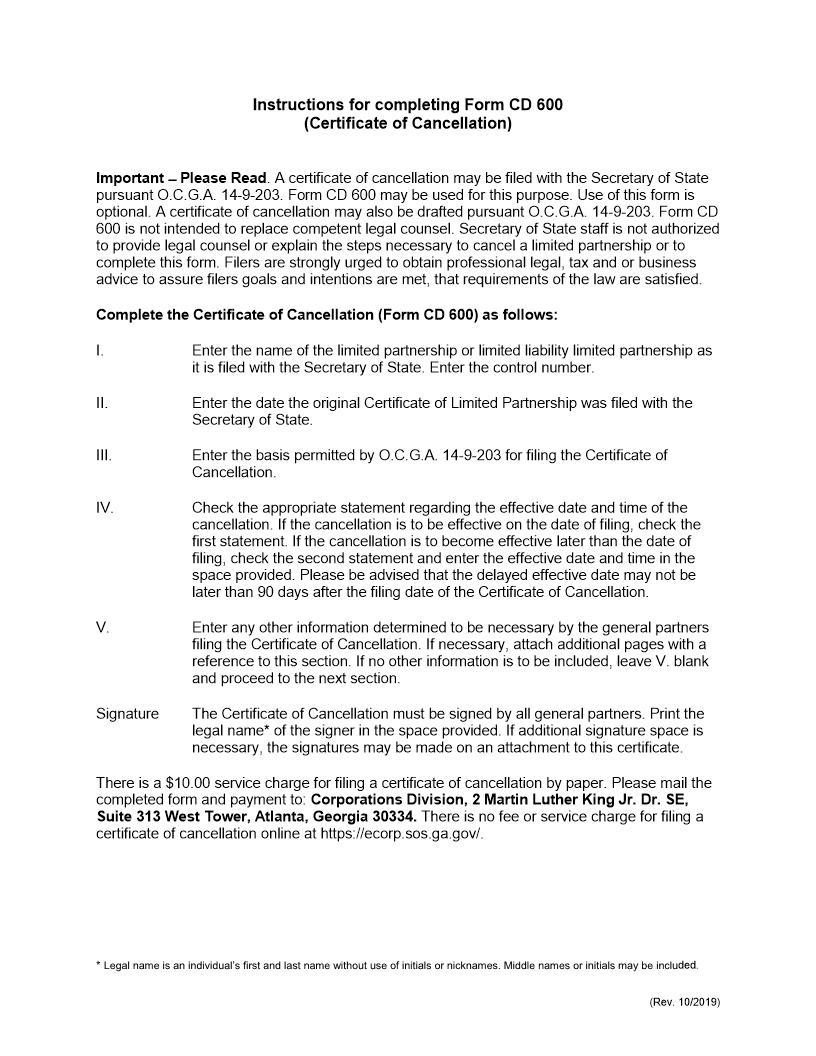 Certificate Of Cancellation {CD 600} | Pdf Fpdf Docx | Georgia