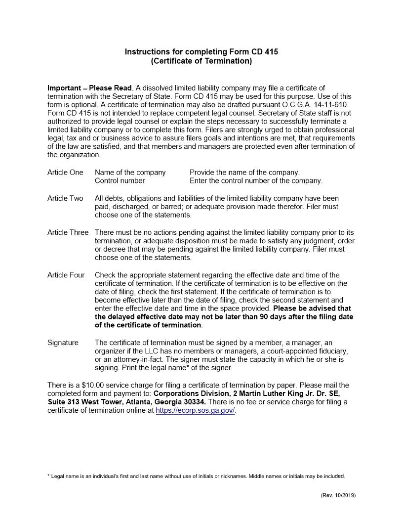 Certificate Of Termination LLC {CD 415} | Pdf Fpdf Docx | Georgia