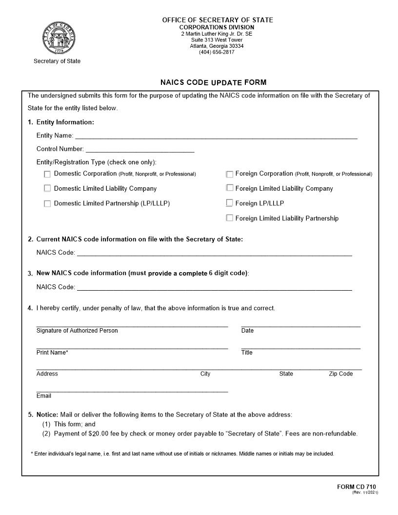 NAICS Code Update Form {CD 710} | Pdf Fpdf Docx | Georgia