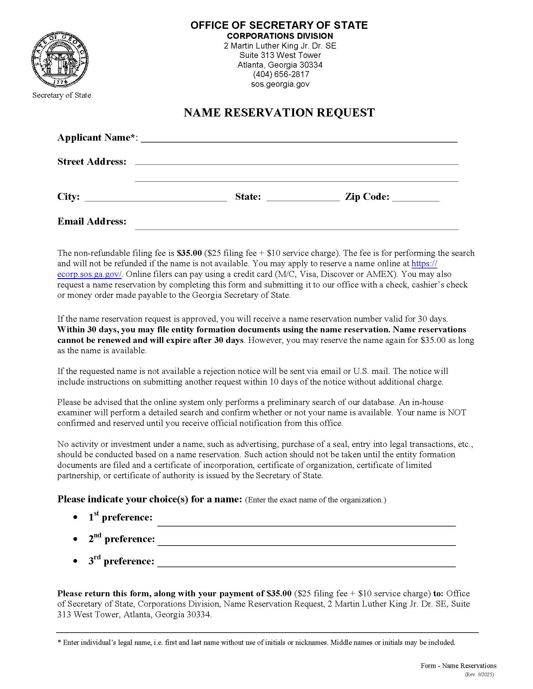 Name Reservation Request | Pdf Fpdf Docx | Georgia