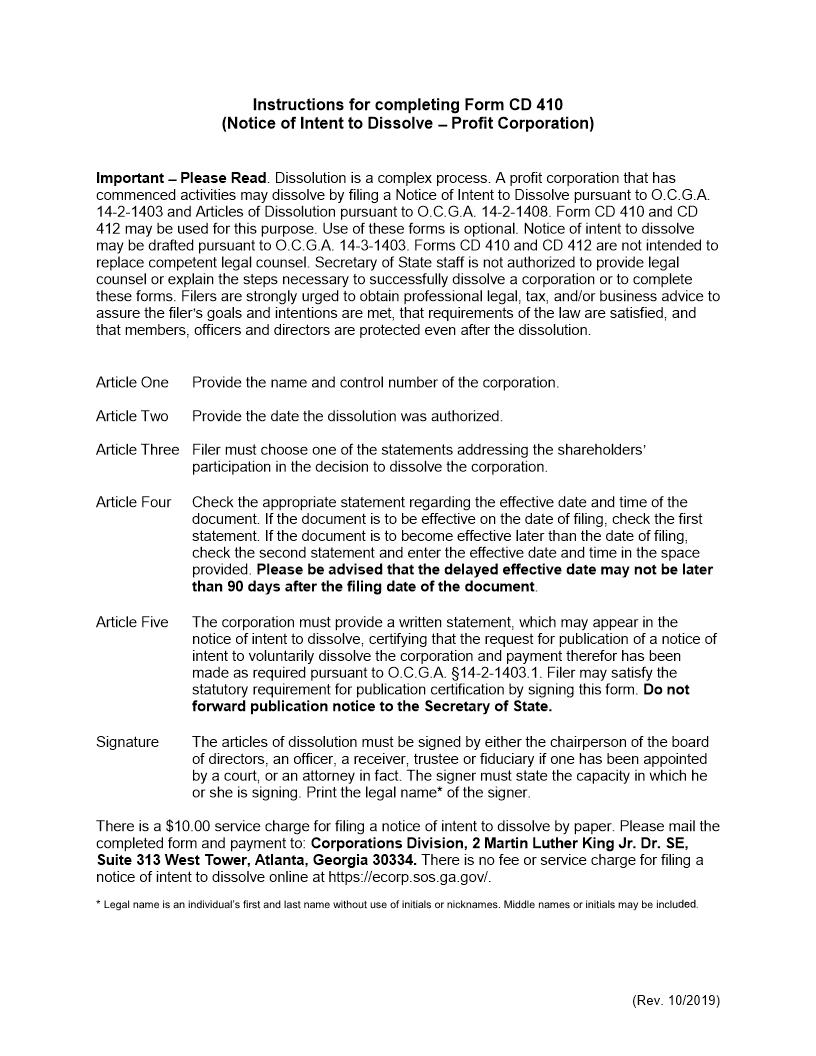 Notice Of Intent To Disolve Profit {CD 410} | Pdf Fpdf Docx | Georgia