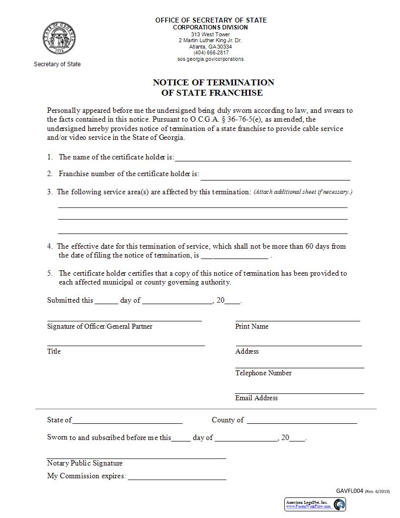 Notice Of Termination Of State Franchise {GAVFL004} | Pdf Fpdf Docx | Georgia