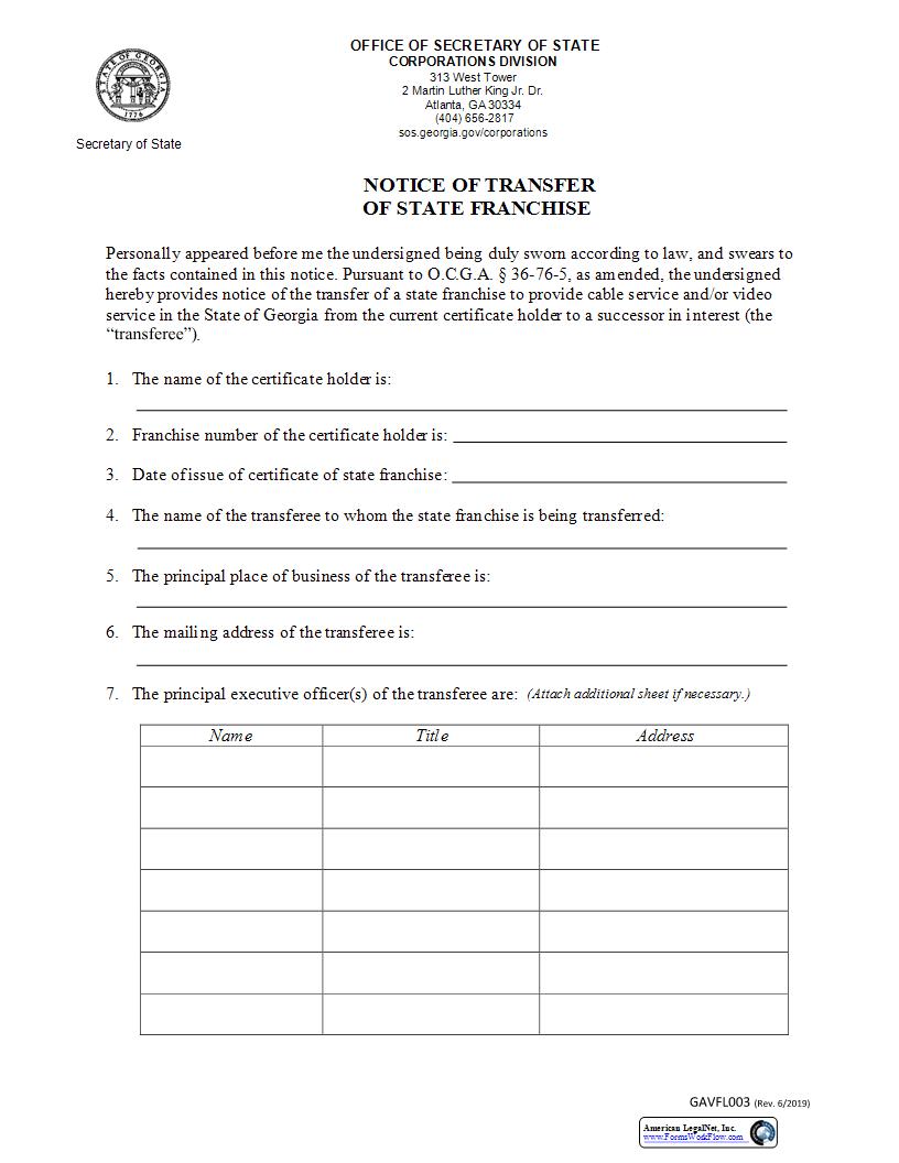 Notice Of Transfer Of State Franchise  {GAVFL003} | Pdf Fpdf Docx | Georgia