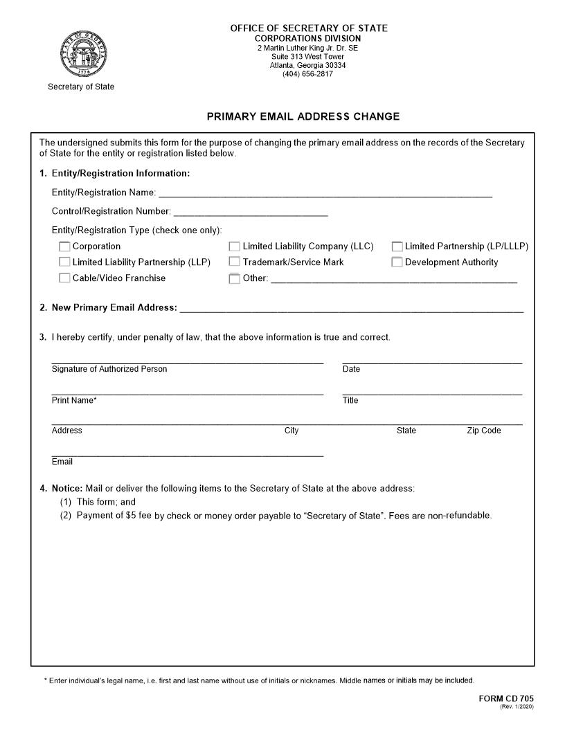 Primary Email Address Change {CD 705} | Pdf Fpdf Docx | Georgia