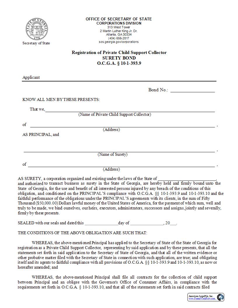 Registration Of Private Child Support Collector Surety Bond | Pdf Fpdf Docx | Georgia