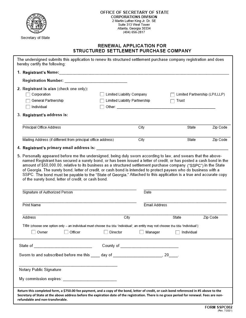 Renewal Application For Stuctured Settlement Purchase Company {SSPC002} | Pdf Fpdf Docx | Georgia
