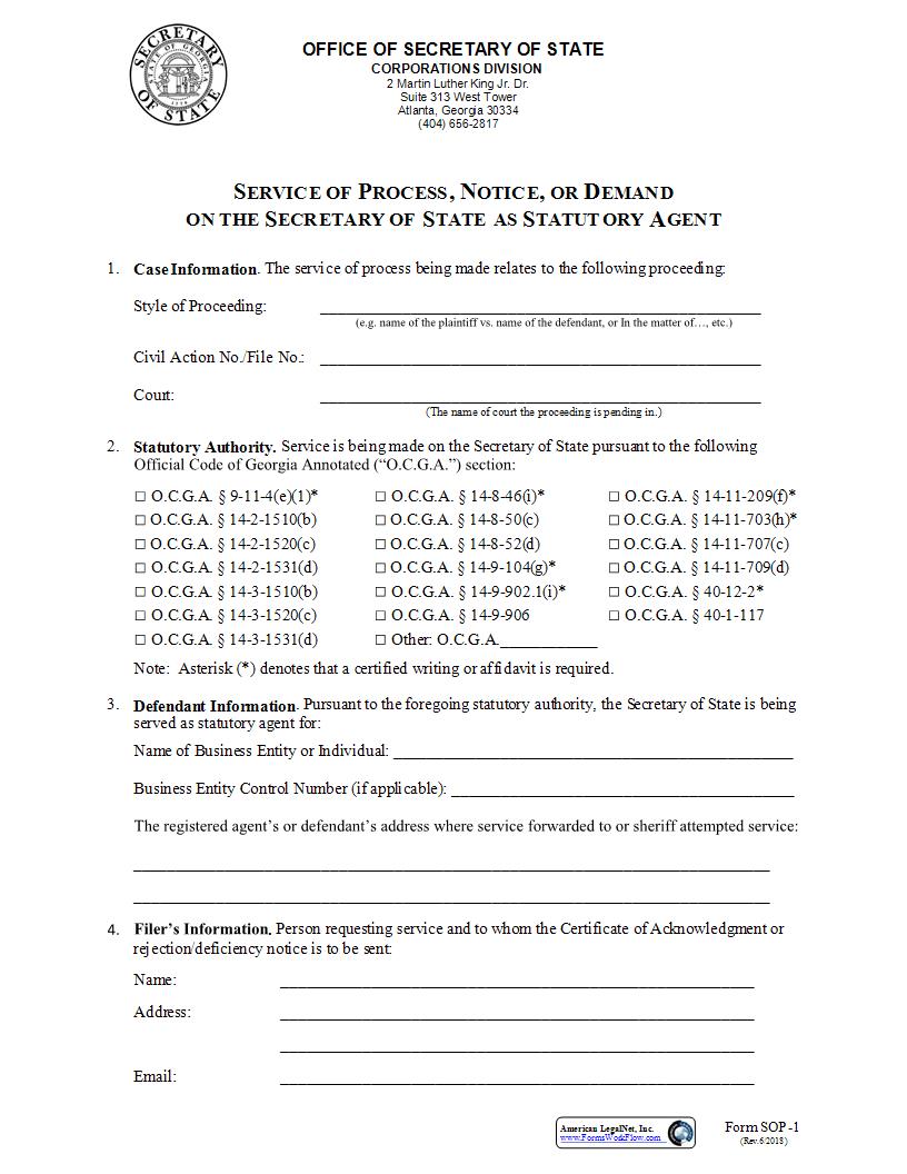 Service Of Process Notice Or Demand {SOP-1} | Pdf Fpdf Docx | Georgia