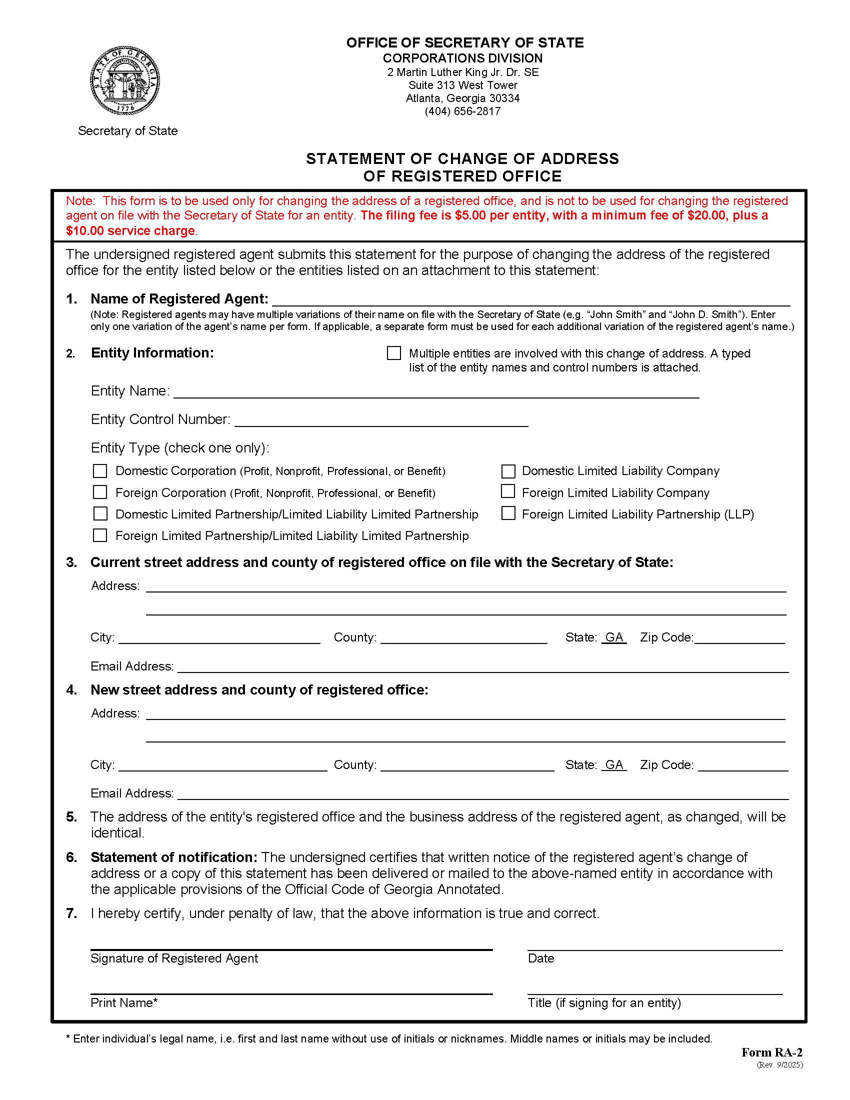 Statement Of Change Of Address Of Registered Office {RA-2} | Pdf Fpdf Docx | Georgia