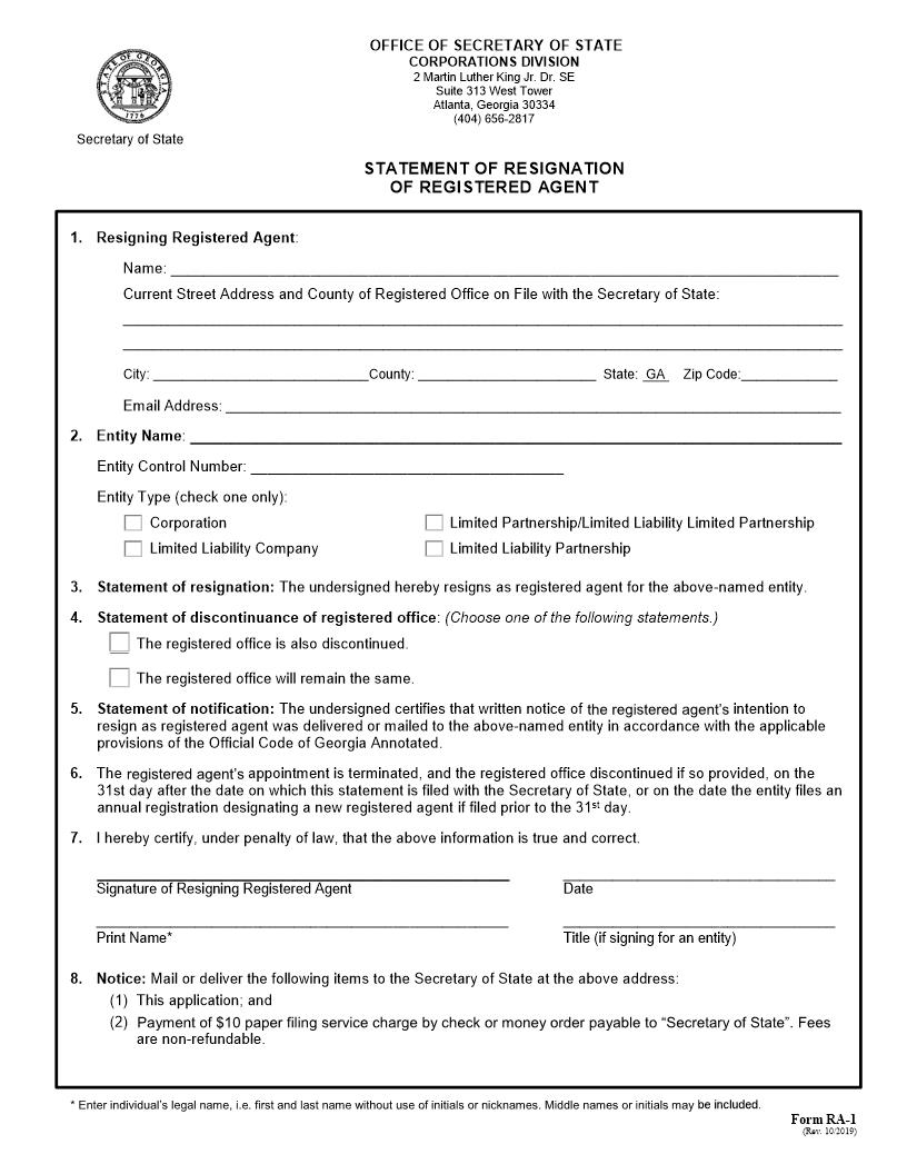 Statement of Resignation of Registered Agent {RA-1} | Pdf Fpdf Docx | Georgia