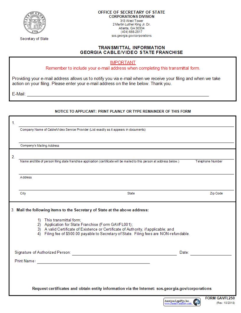 Transmittal Information Cable Video State Franchise {GAVFL250}  | Pdf Fpdf Docx | Georgia