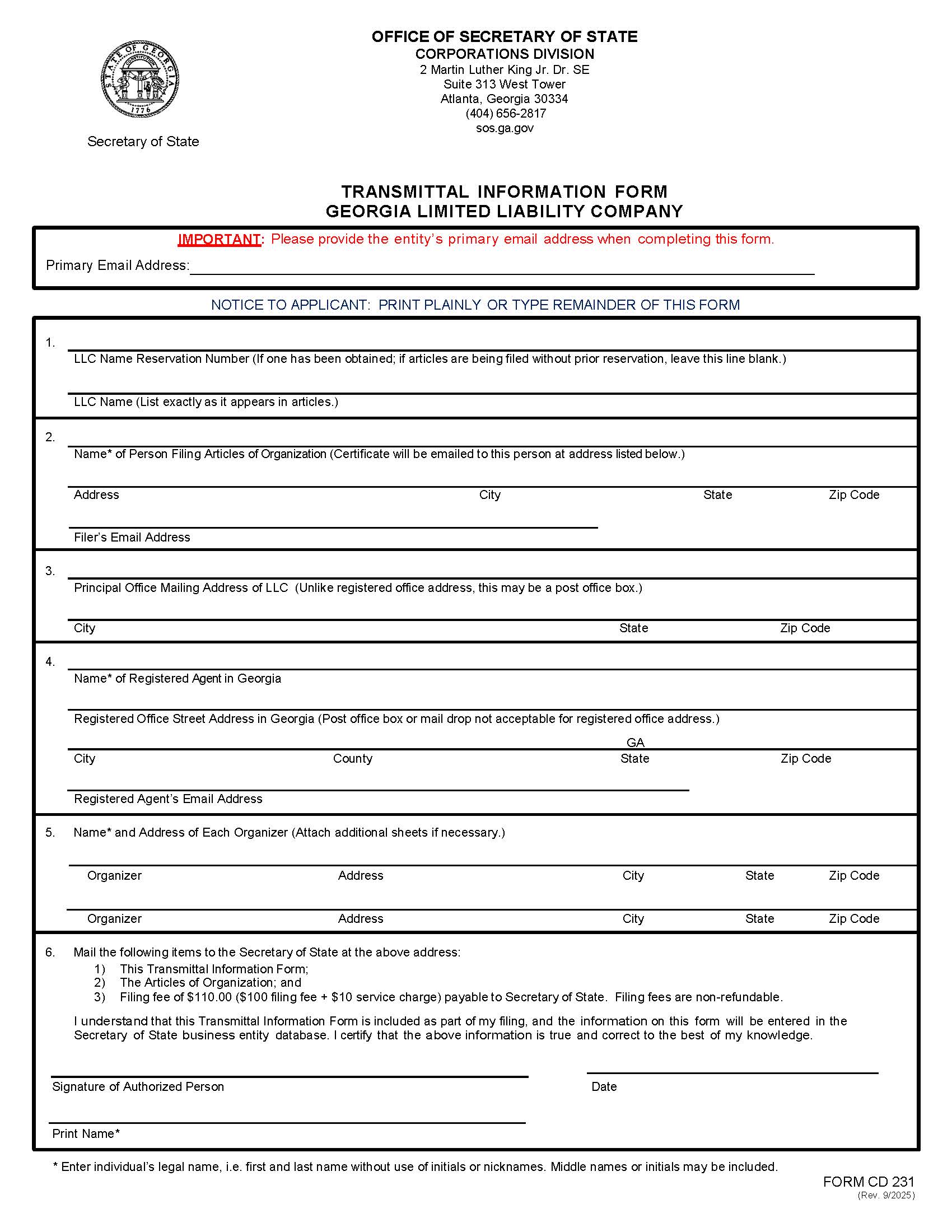 Transmittal Information For Georgia Limited Liability Company {CD 231} | Pdf Fpdf Docx | Georgia