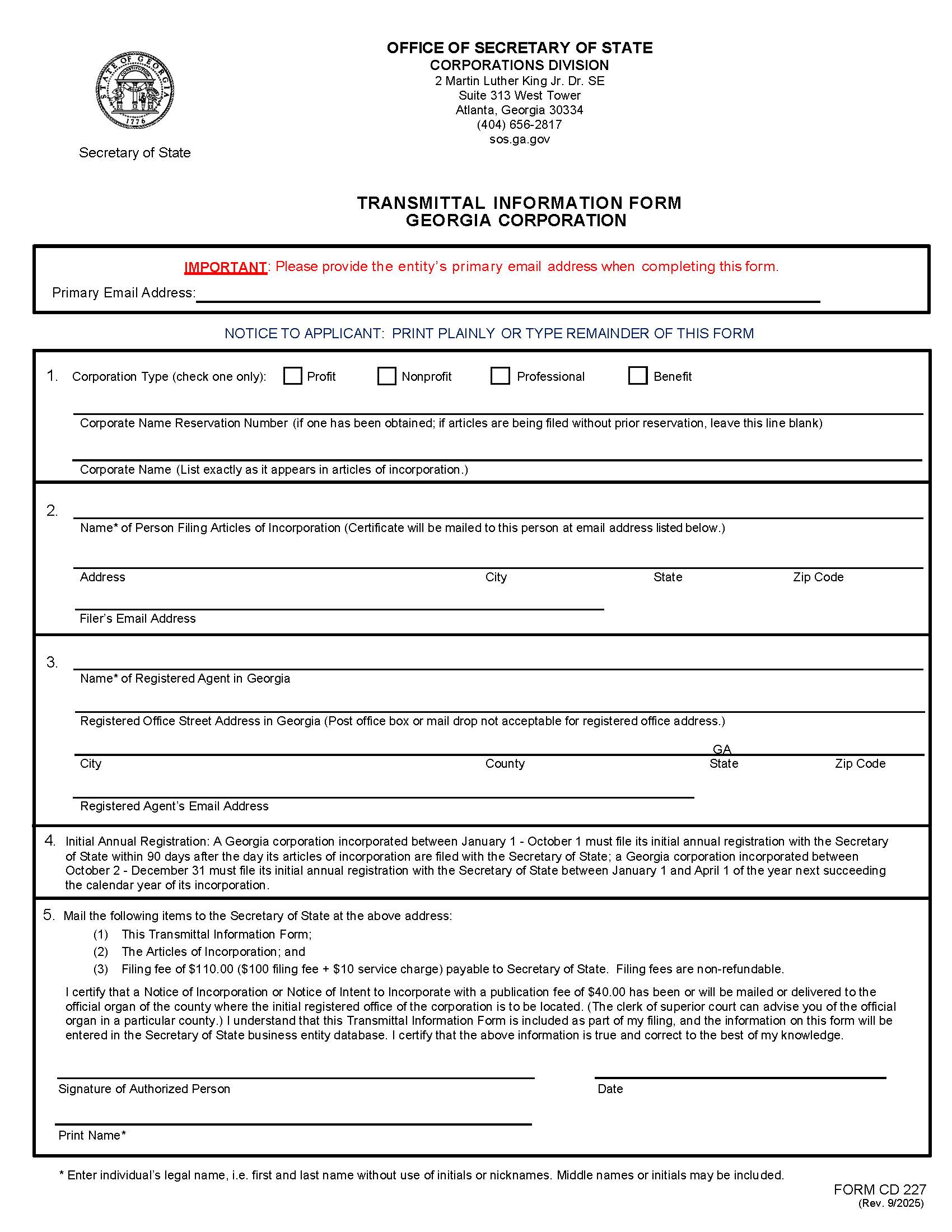 Transmittal Information For Georgia Profit Or Nonprofit Corporations  {CD 227} | Pdf Fpdf Docx | Georgia